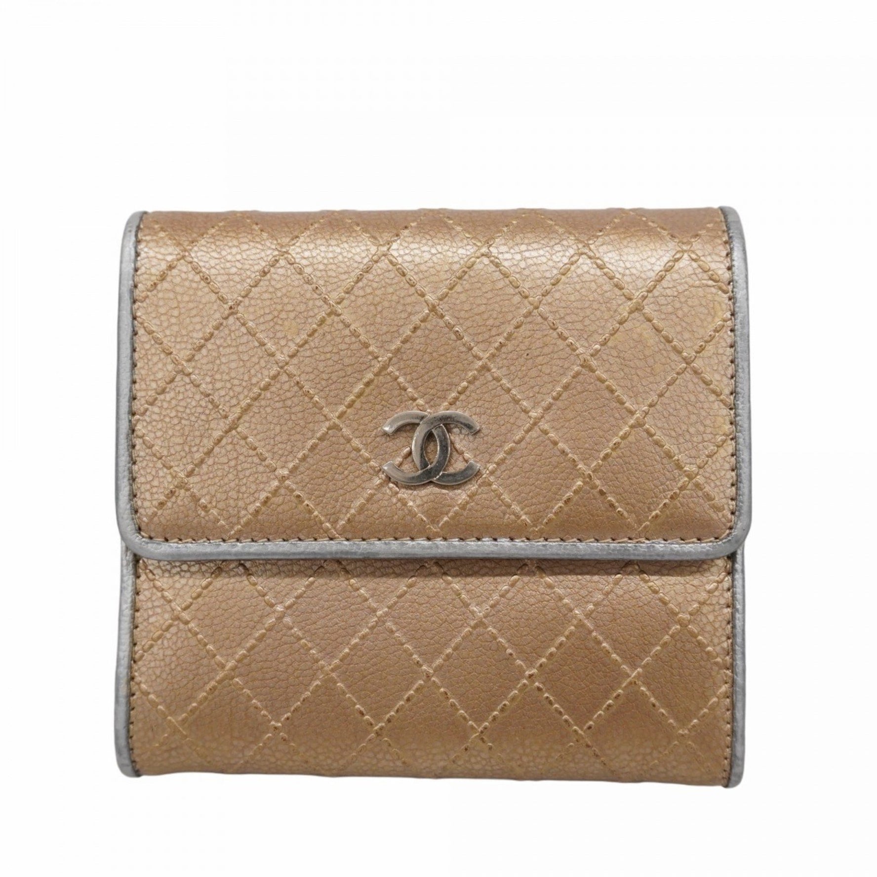 Chanel Tri-fold Wallet Bicolor Leather Beige Gray