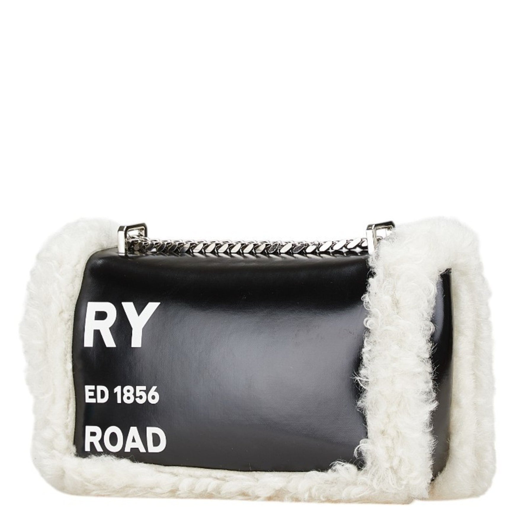 Burberry Lola TB Horseferry Print Chain Shoulder Bag in Black and White Leather with Boa Lining.