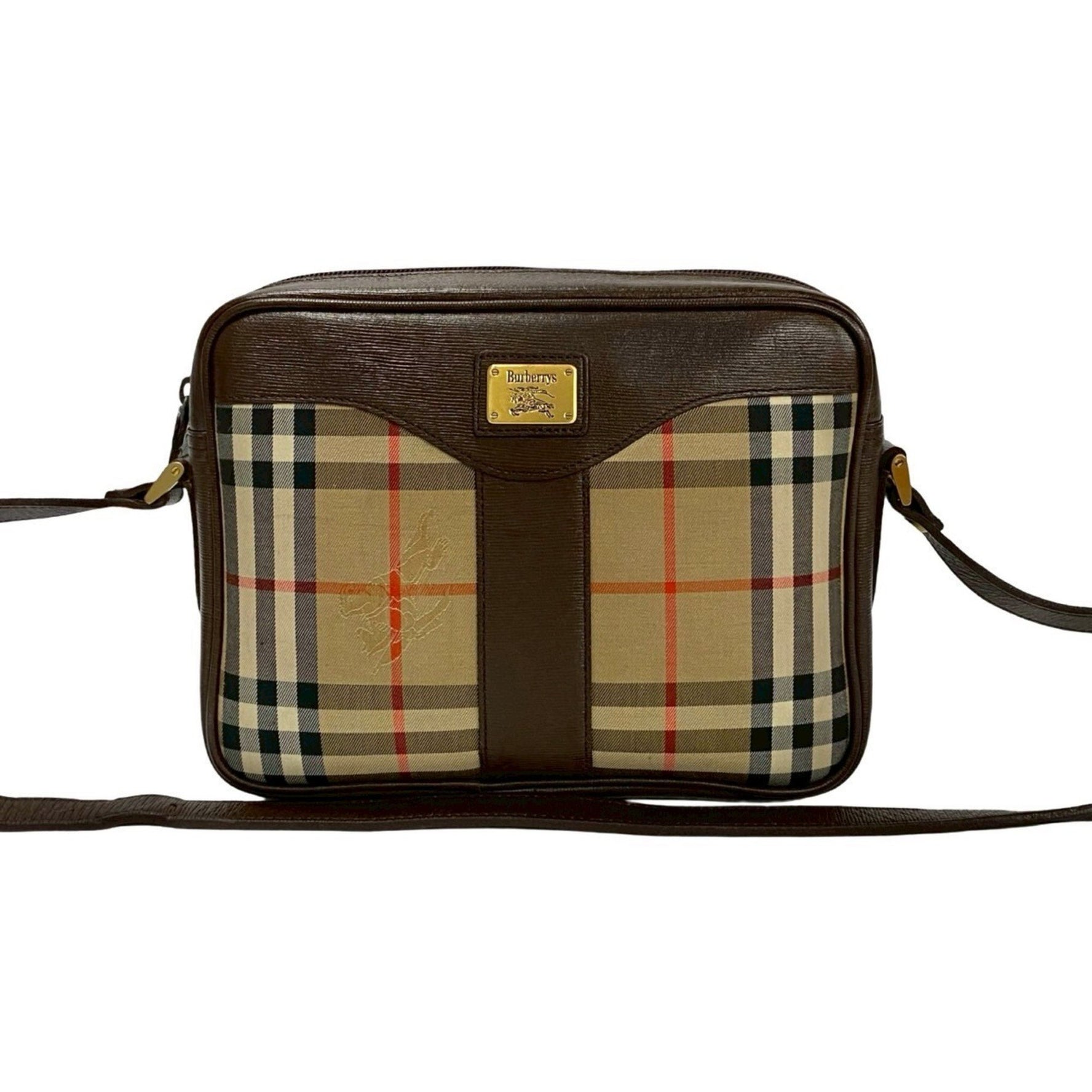 Burberry's Nova Check Shadow Horse logo hardware canvas and leather shoulder bag in