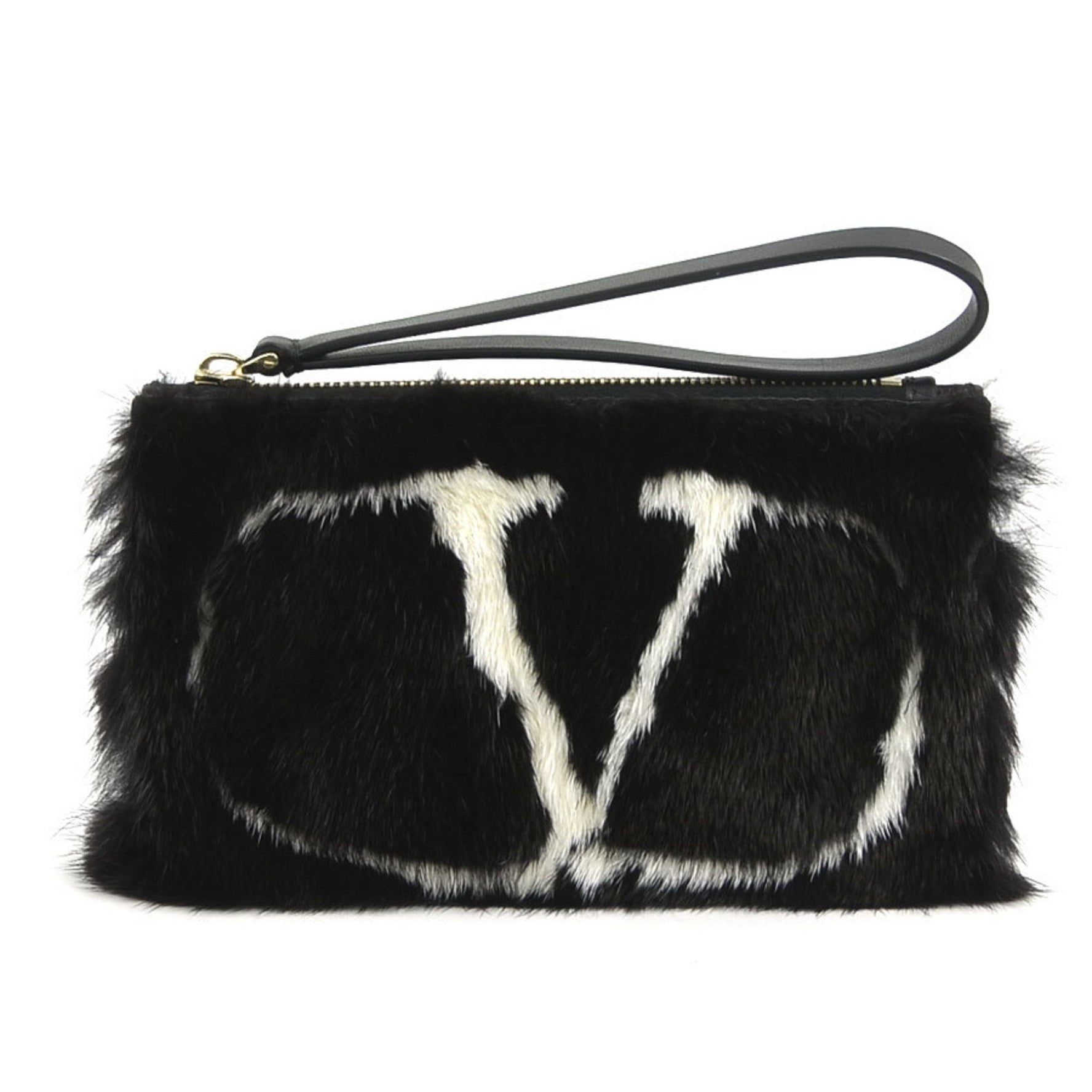 Valentino Garavani Clutch Bag Pouch Fur Leather Black White