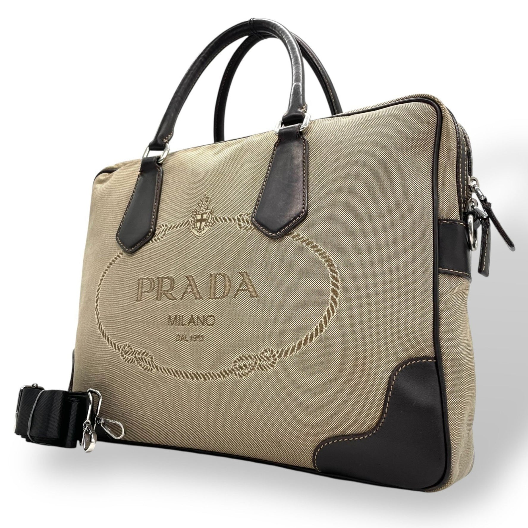 PRADA Jacquard Logo 2-Way Business Bag Shoulder Canvas Leather Beige Brown Men's Women's Z4