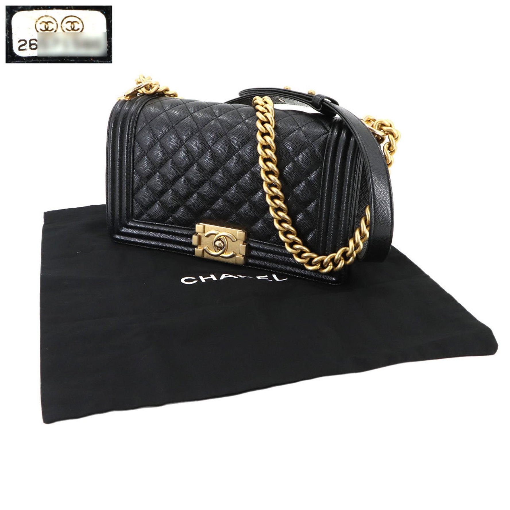 CHANEL Boy Chain Shoulder Bag in Caviar Leather with Gold Hardware