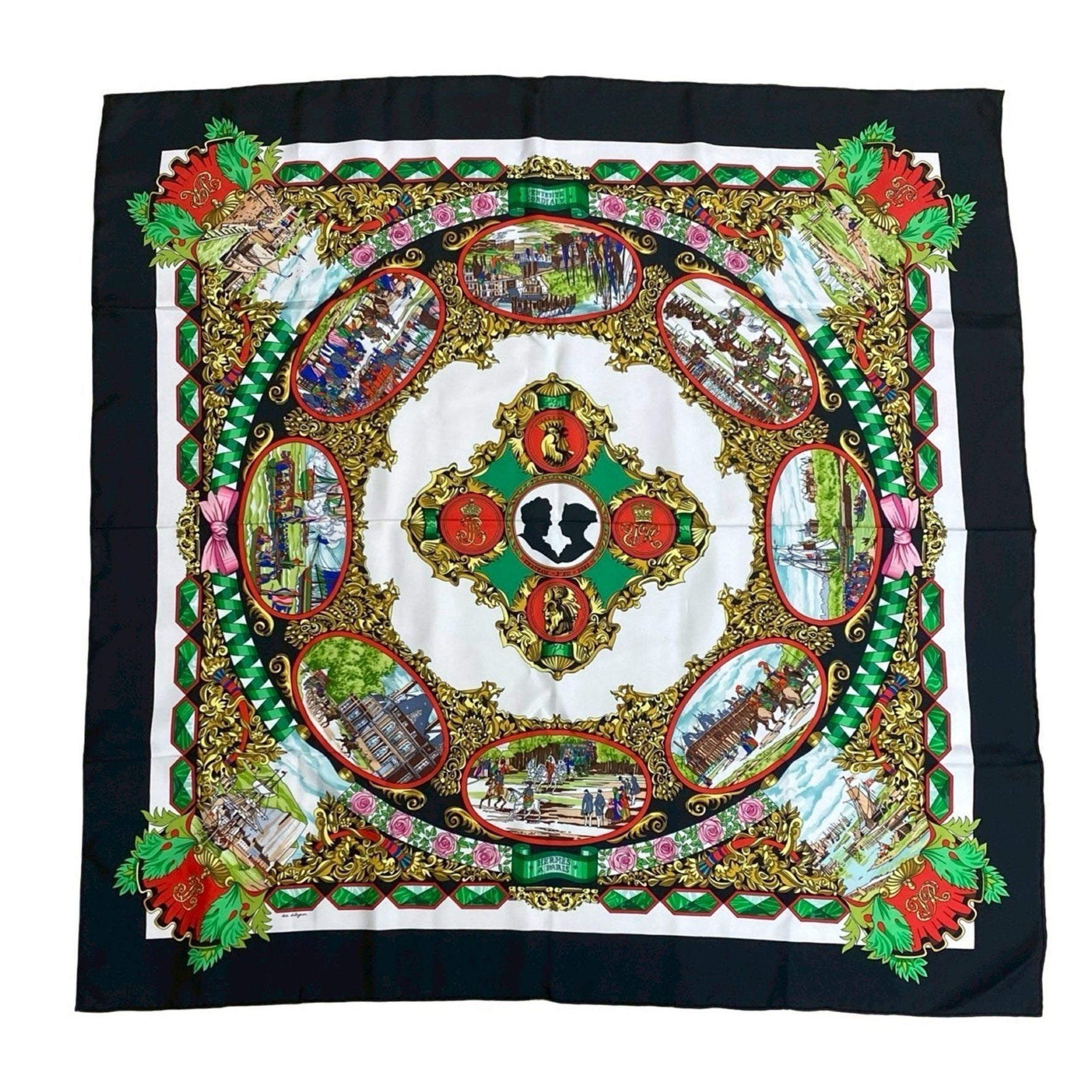 HERMES Vintage Carré 90 "L'ENTENTE CORDIALE" Silk Scarf, Black and Multicolor