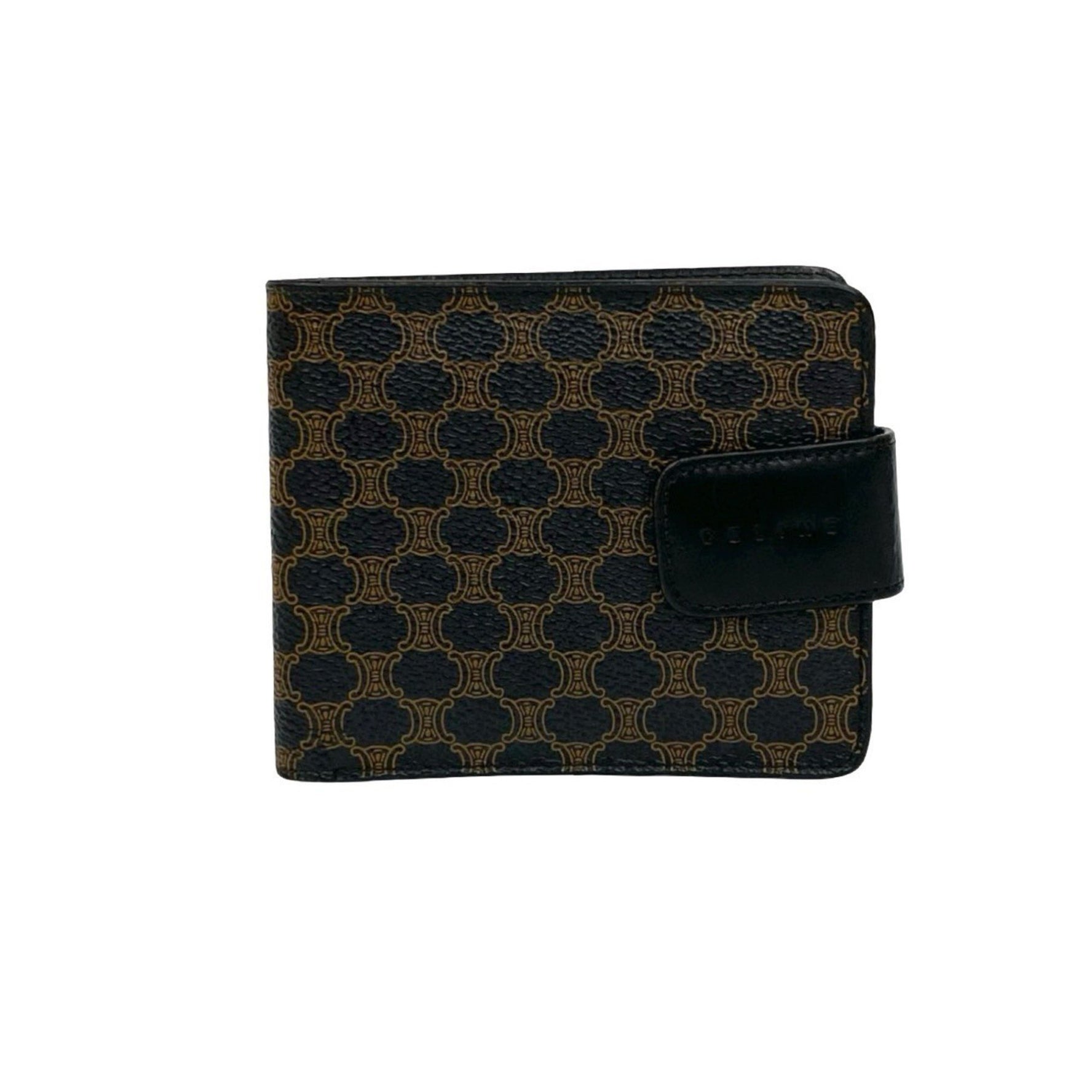 CELINE Vintage Macadam Blason Triomphe Leather Bi-fold Mini Wallet in Black and Brown