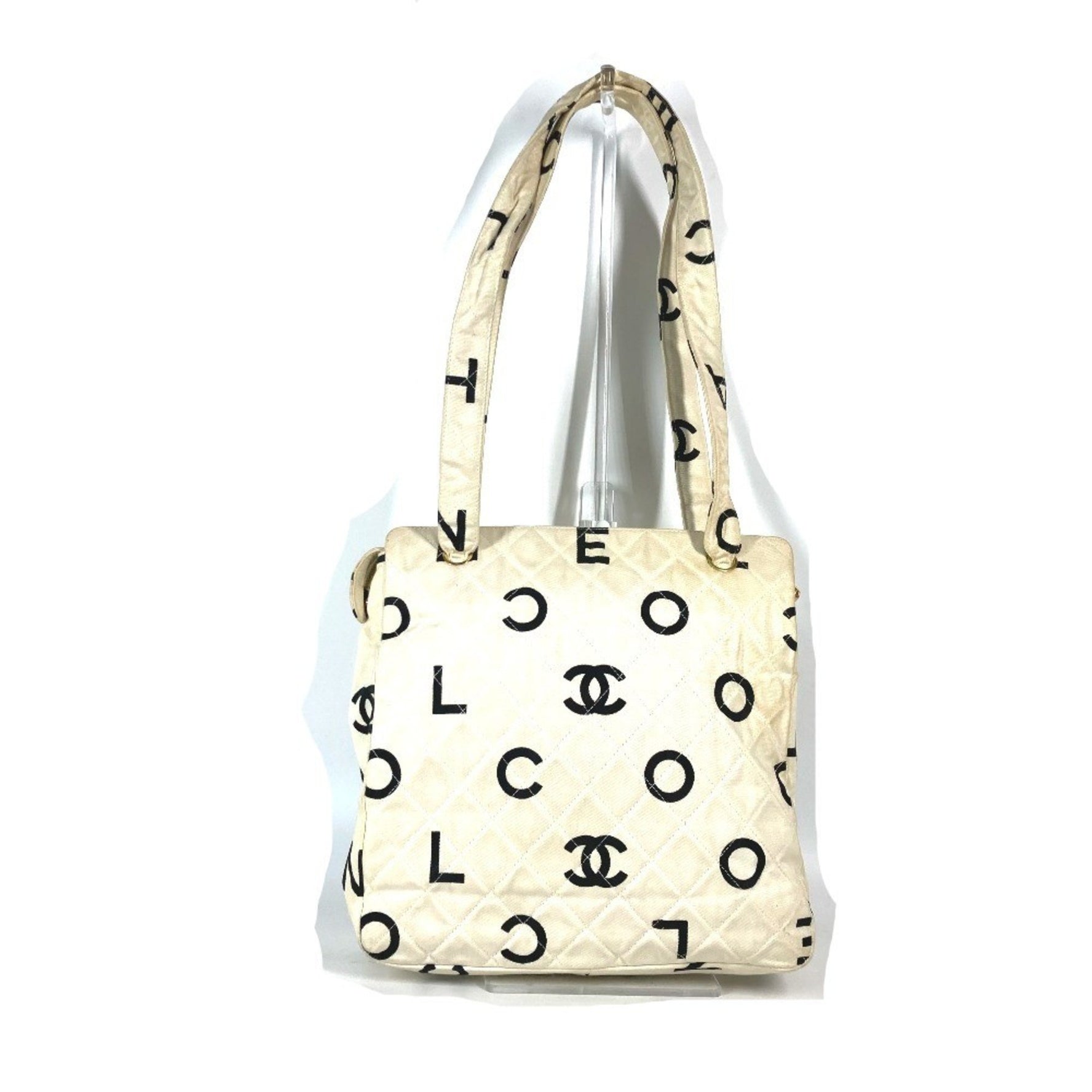 CHANEL Vintage CC Coco Mark Logo Icon Bag Shoulder Tote Canvas White
