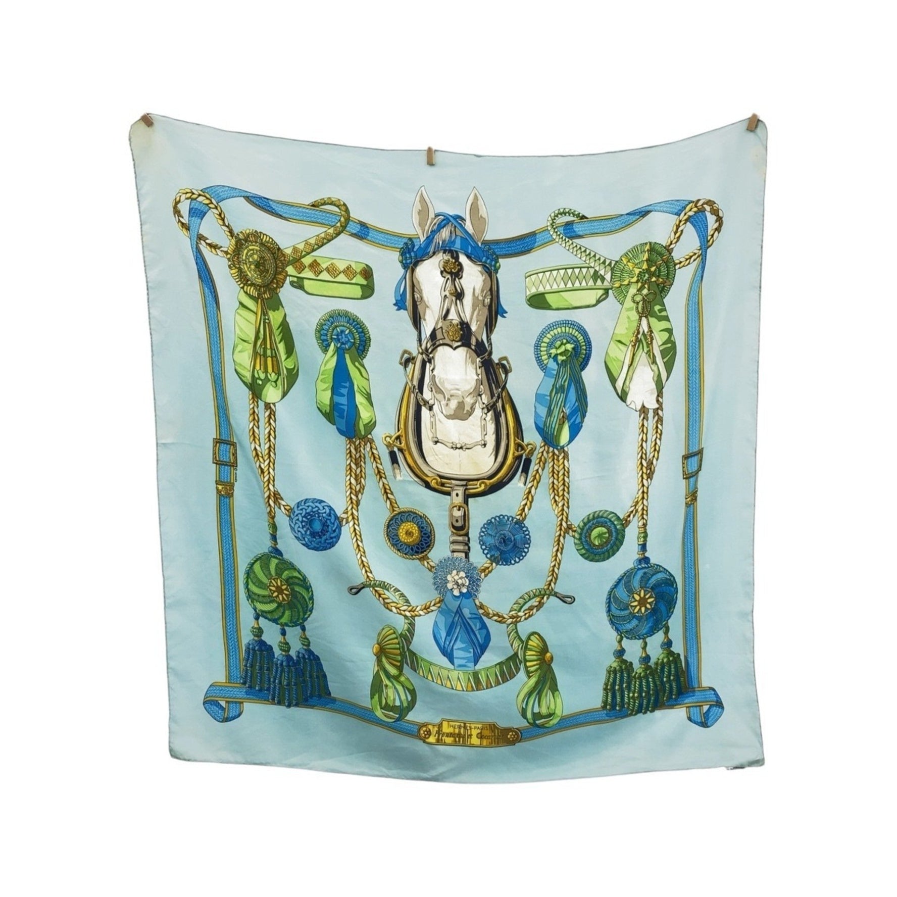 HERMES Frontaux et Cocardes Carré 90 Sky Blue and Light Green Silk Scarf