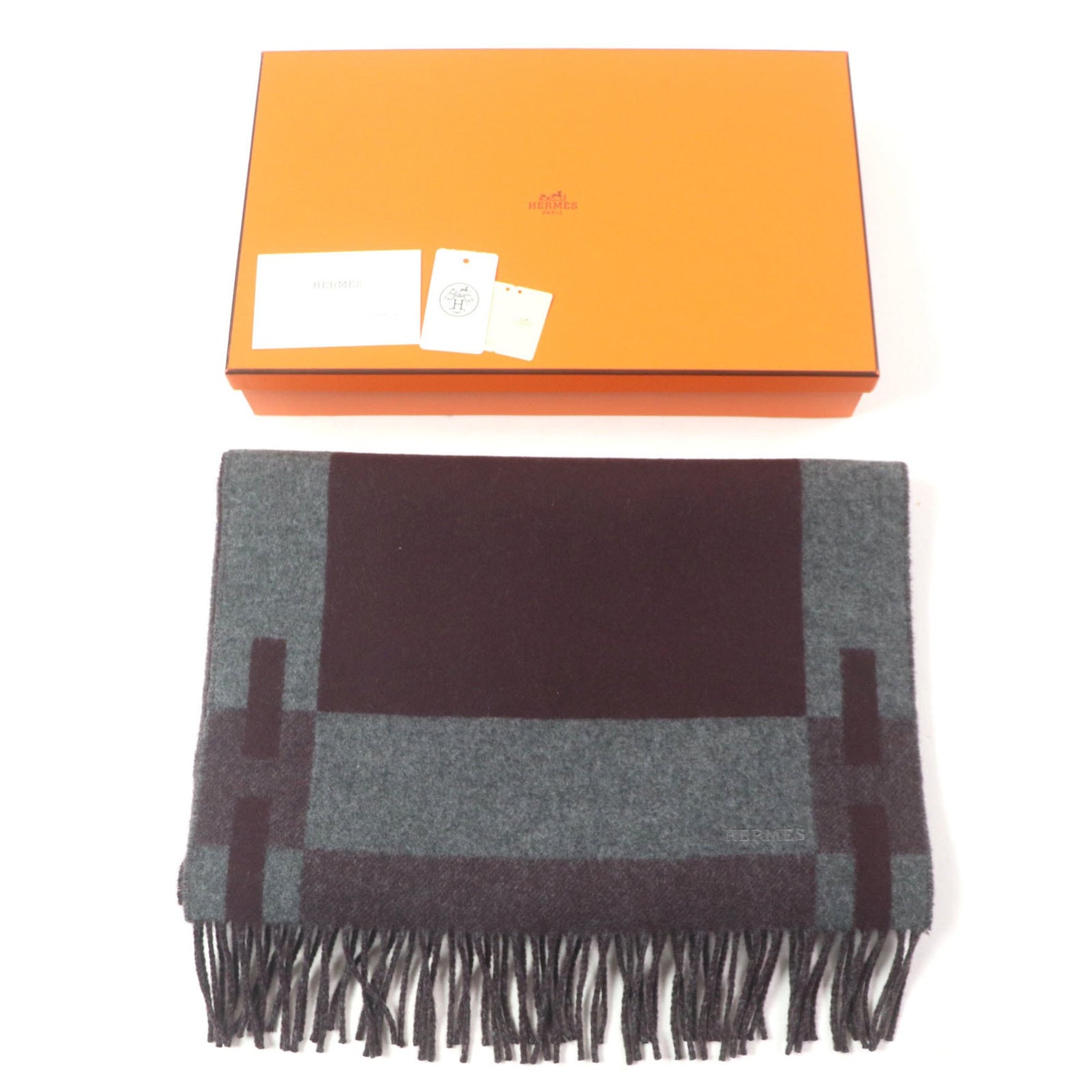 HERMES H Passant 100% Cashmere Scarf with Embroidered Logo and Fringe, Violet Grey, Made in England, Cashmere, Current Edition, Box Included