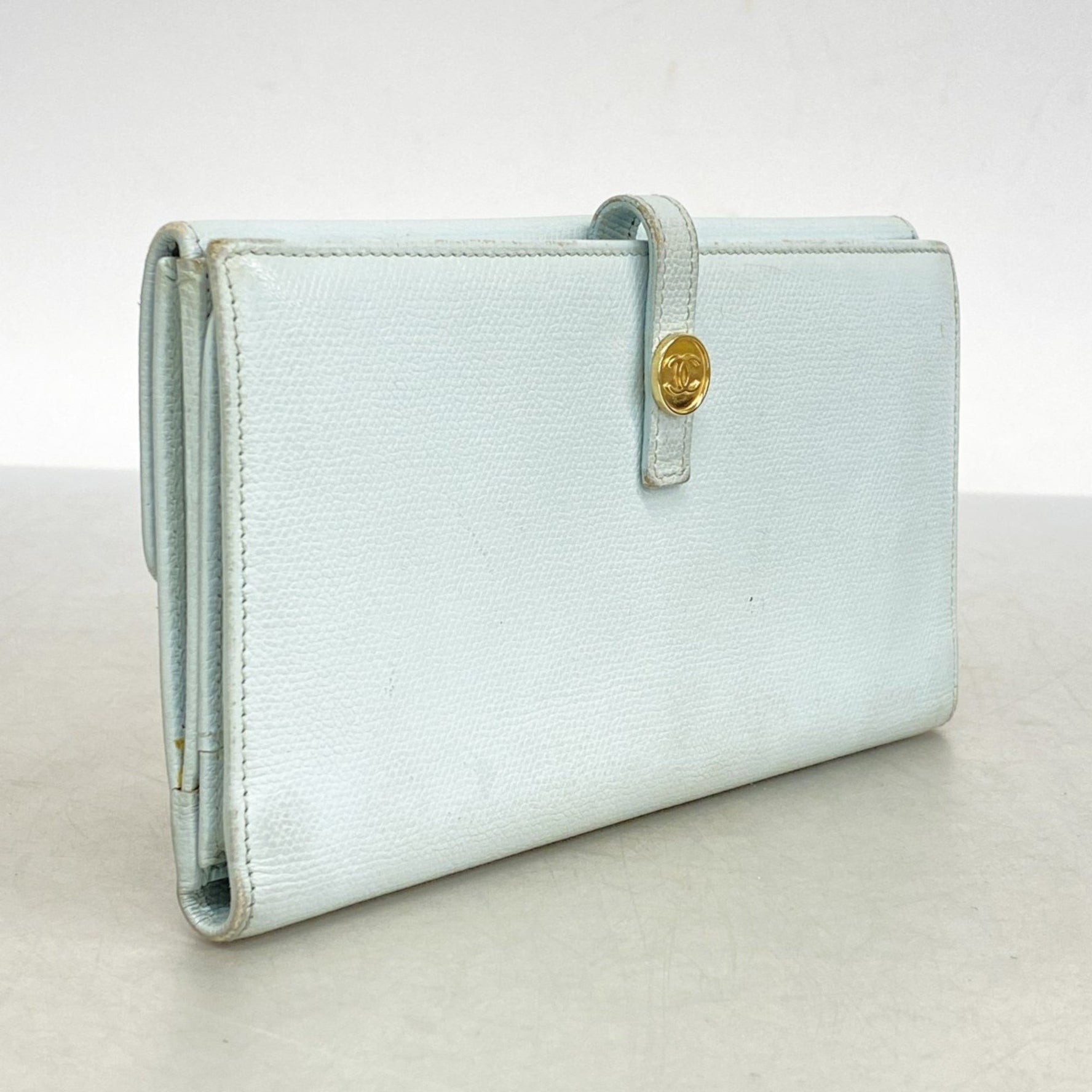 Chanel Coco Button Leather Long Wallet Blue Women's