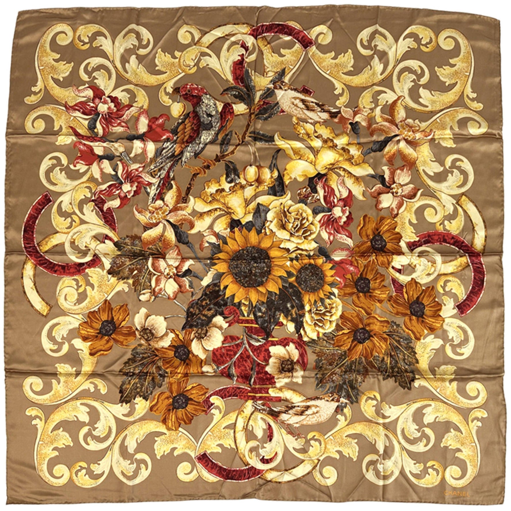 Chanel Scarf, Coco Mark, Silk, Brown, Multicolor, Sunflower