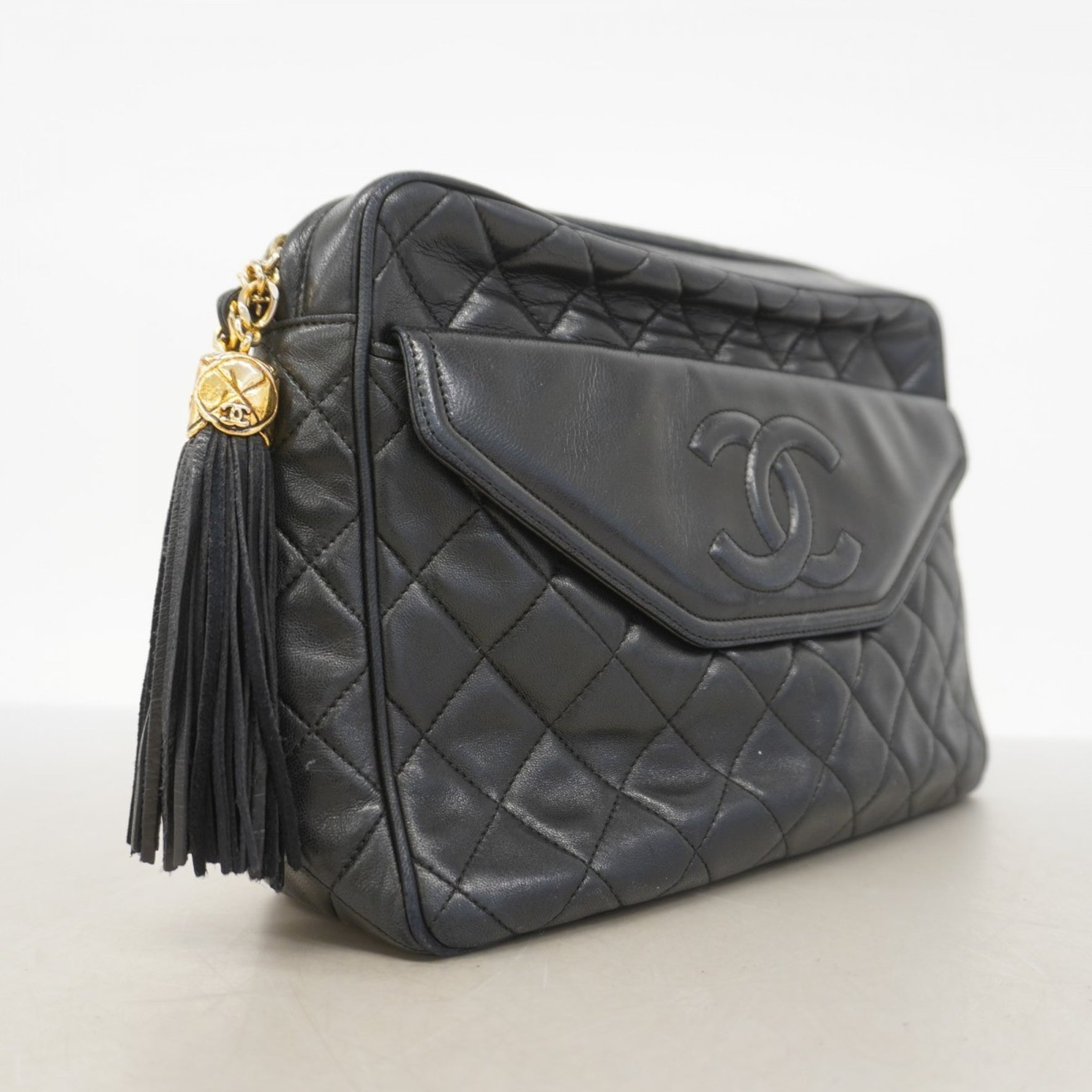 Chanel Matelasse Shoulder Bag with Chain Bag, Lambskin, Black, Women's