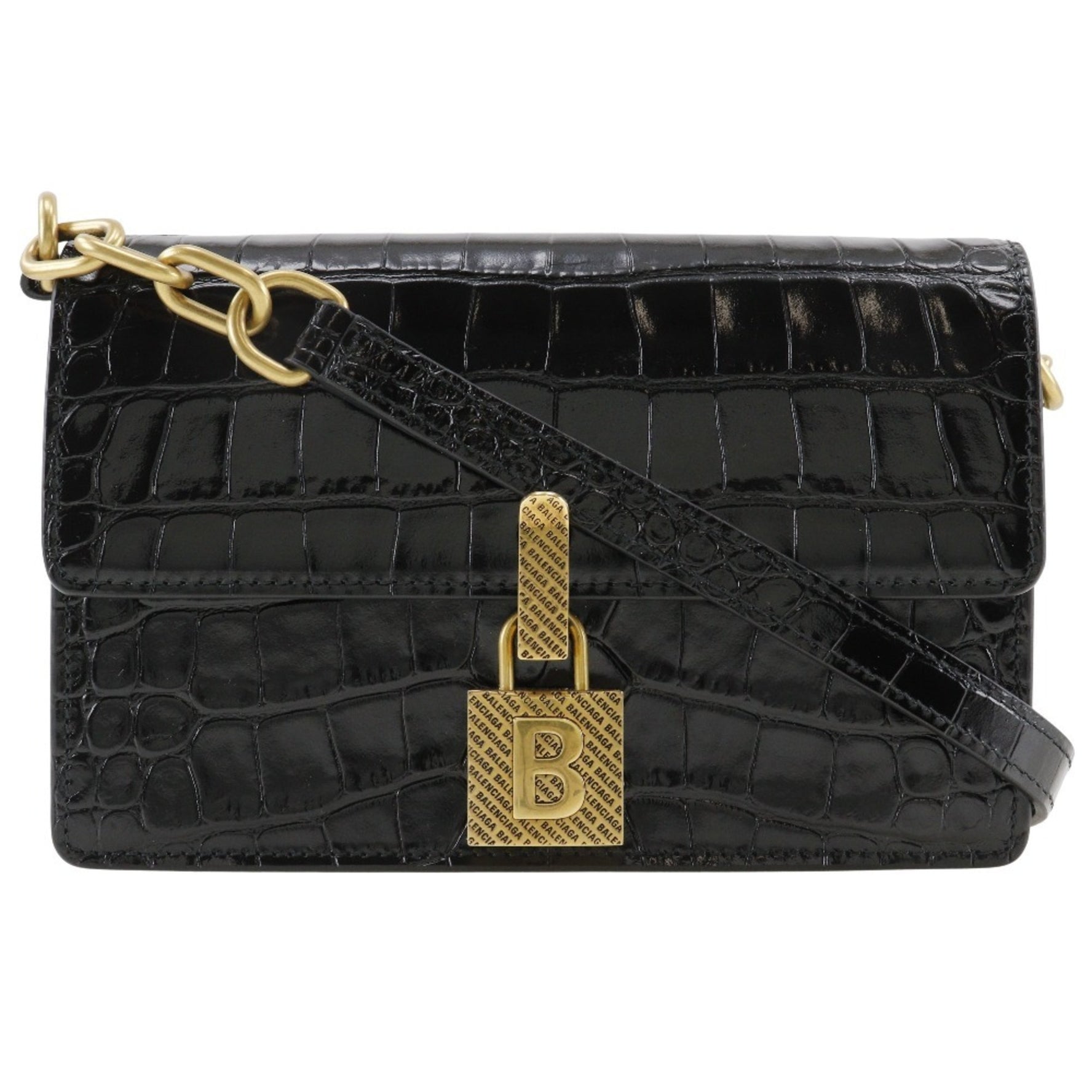 BALENCIAGA Mini Shoulder Bag Clutch Embossed Leather Black 2way Flap Women's