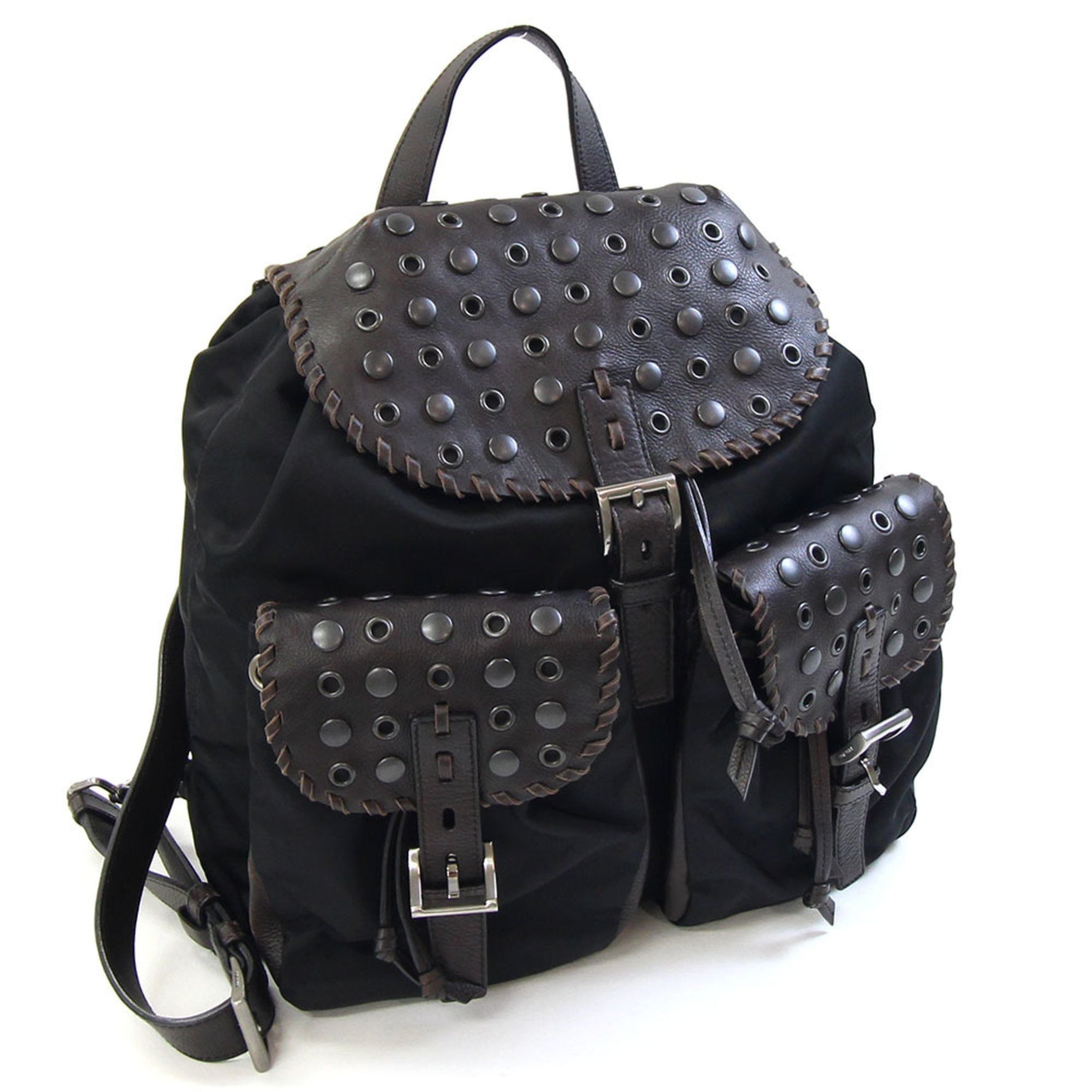 Prada Backpack in Black and Dark Brown Nylon Leather, Gourmet Studded Knapsack