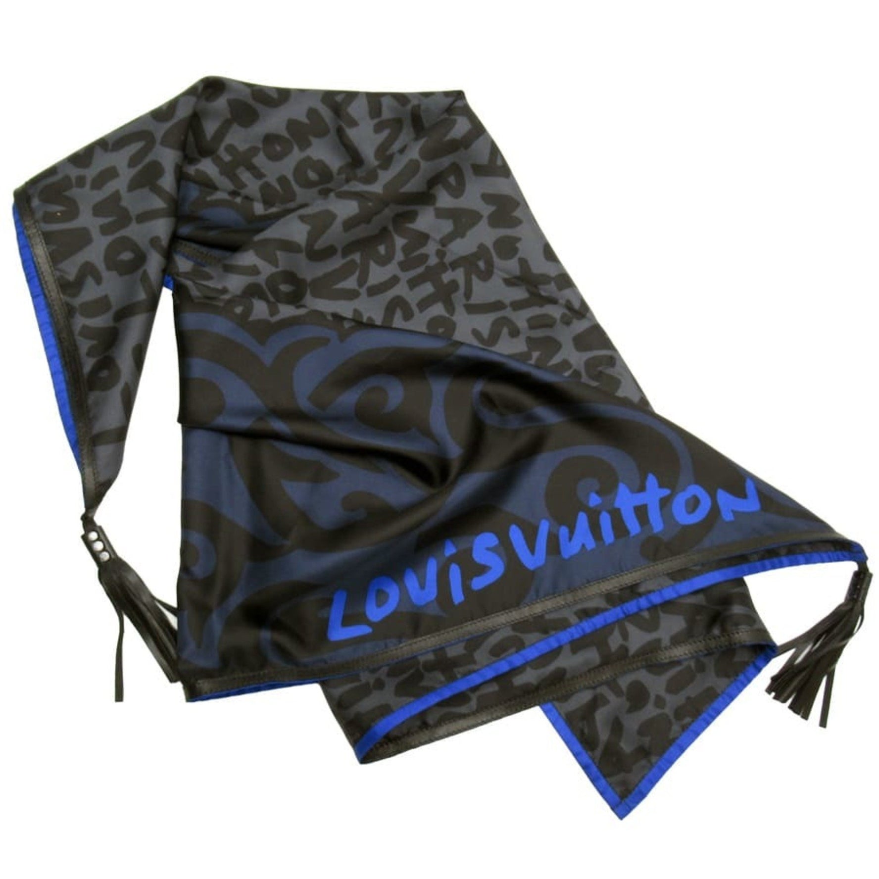 Louis Vuitton Scarf Graffiti Black x Blue 100% Silk Leather