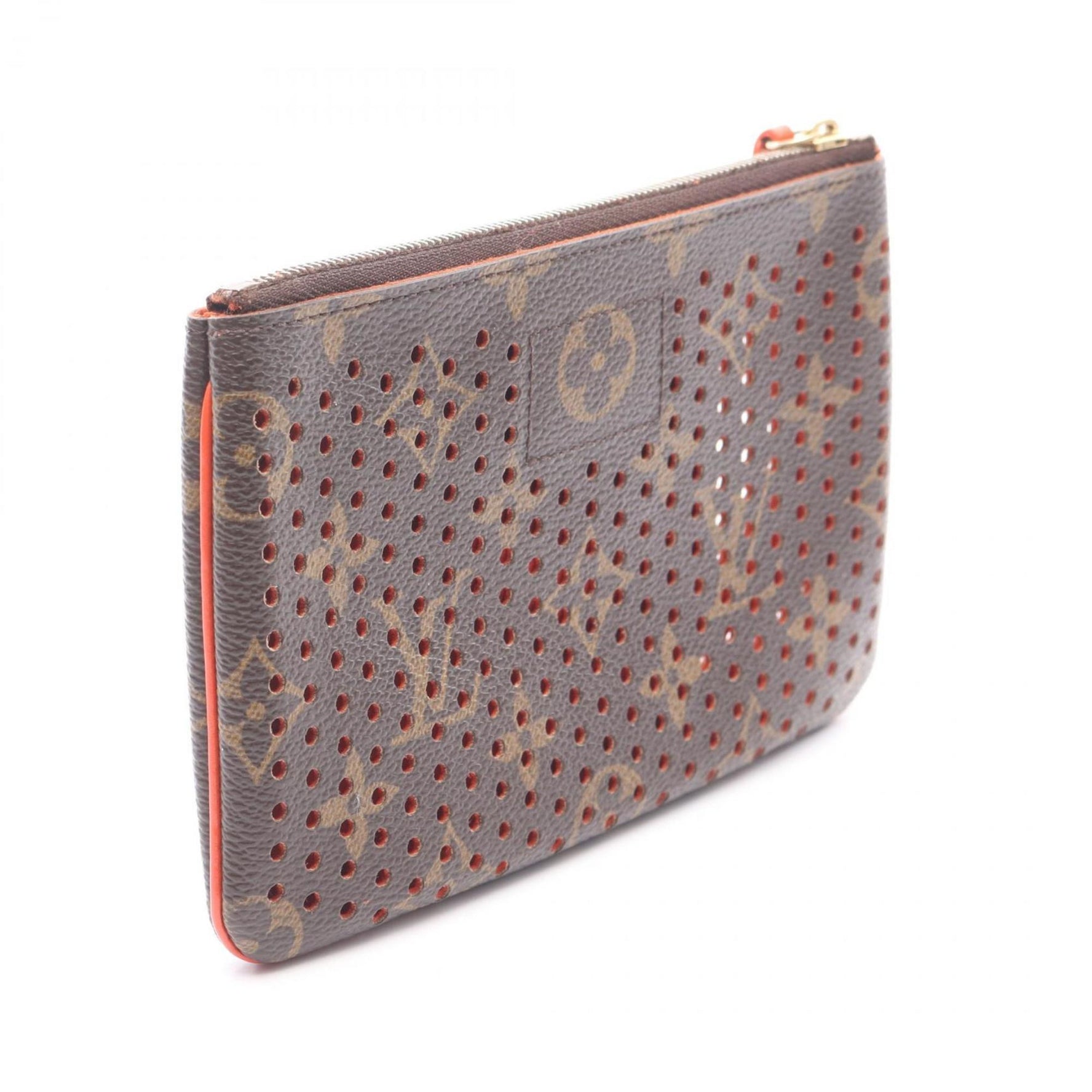 Louis Vuitton Plat Pouch Bag in PVC-Coated Canvas and Leather with Monogram Perforated Leather, Brown/Orange