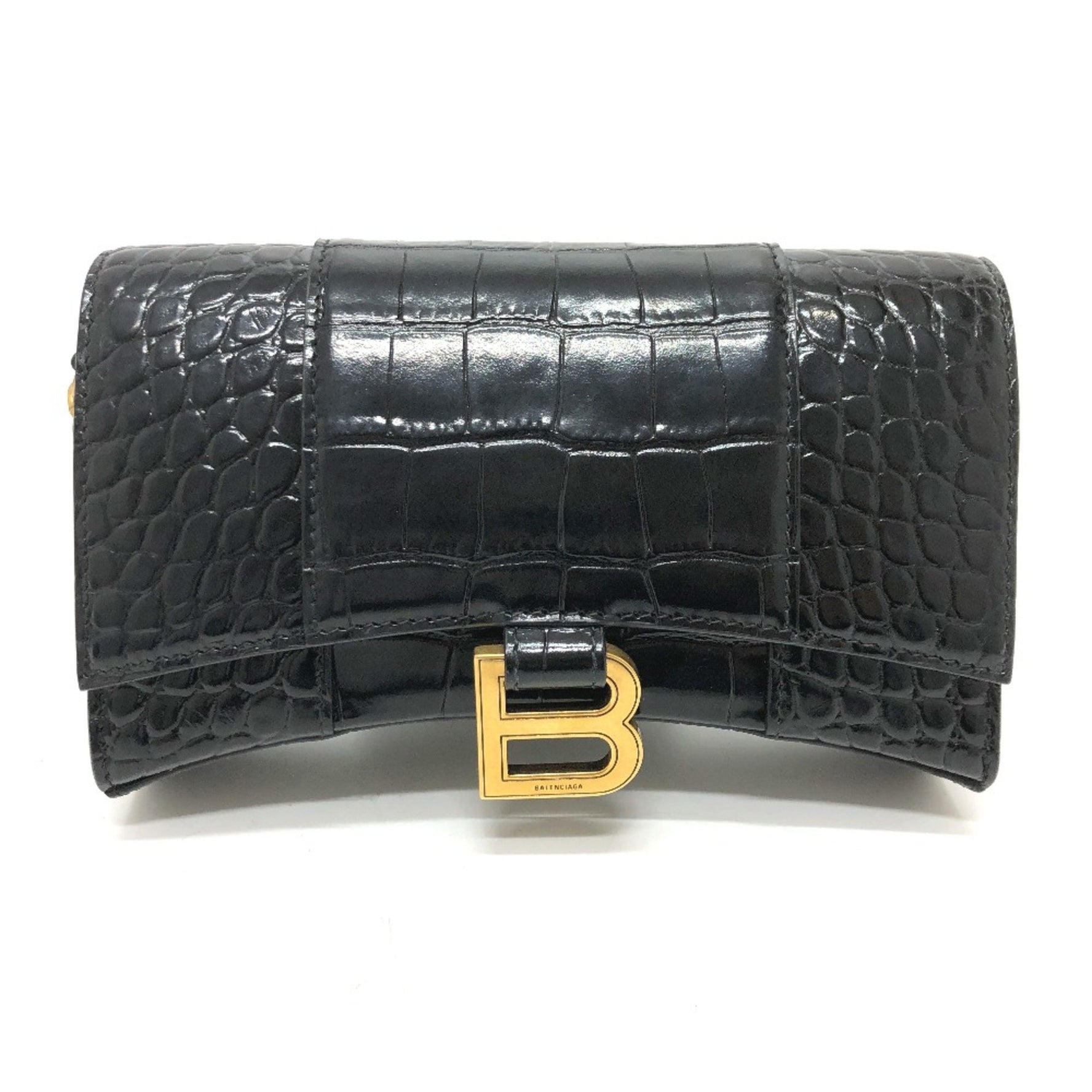 Balenciaga B logo Chain wallet Shoulder Bag Black GoldHardware