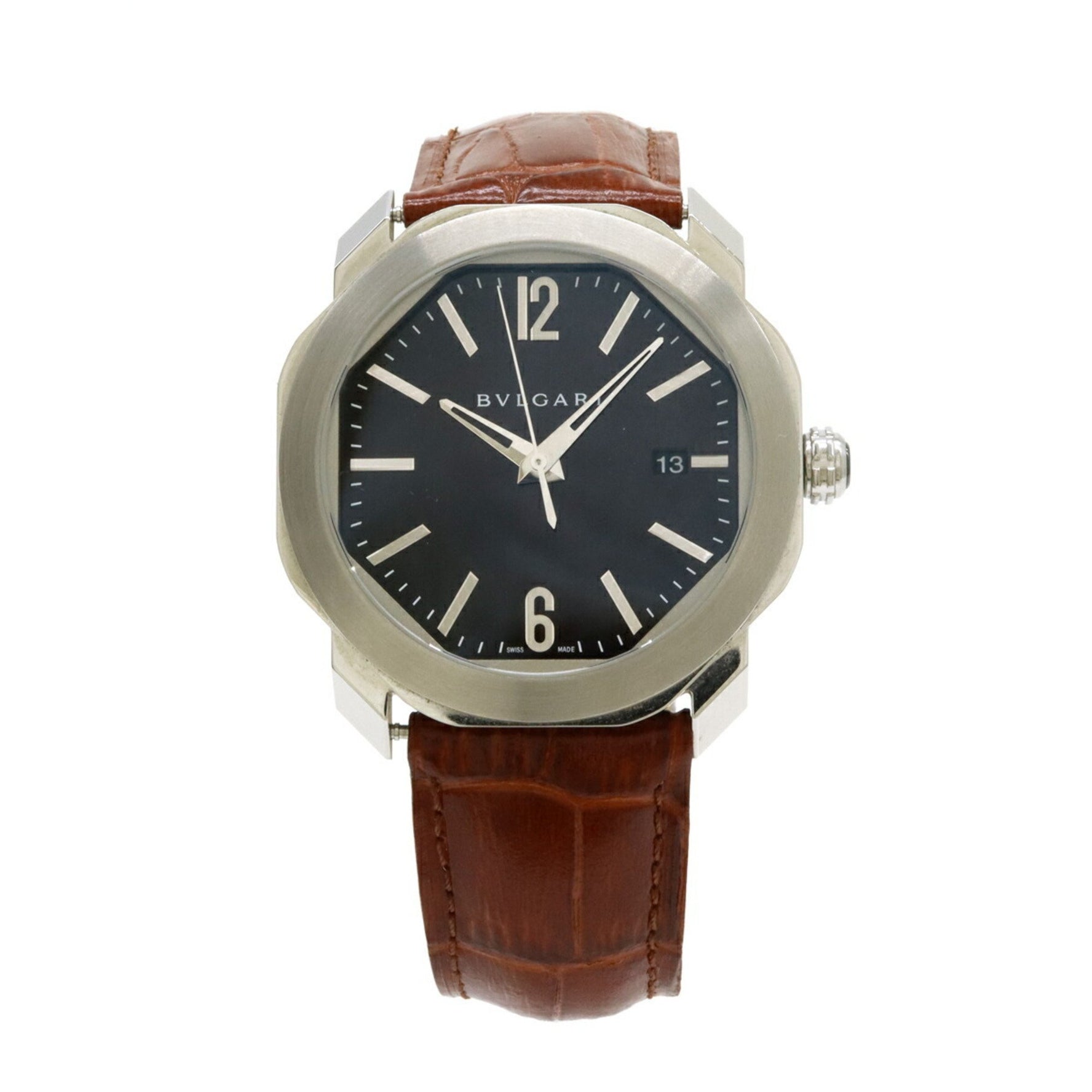 BVLGARI Octo Date Black Dial Stainless Steel Leather Strap AT Automatic Watch