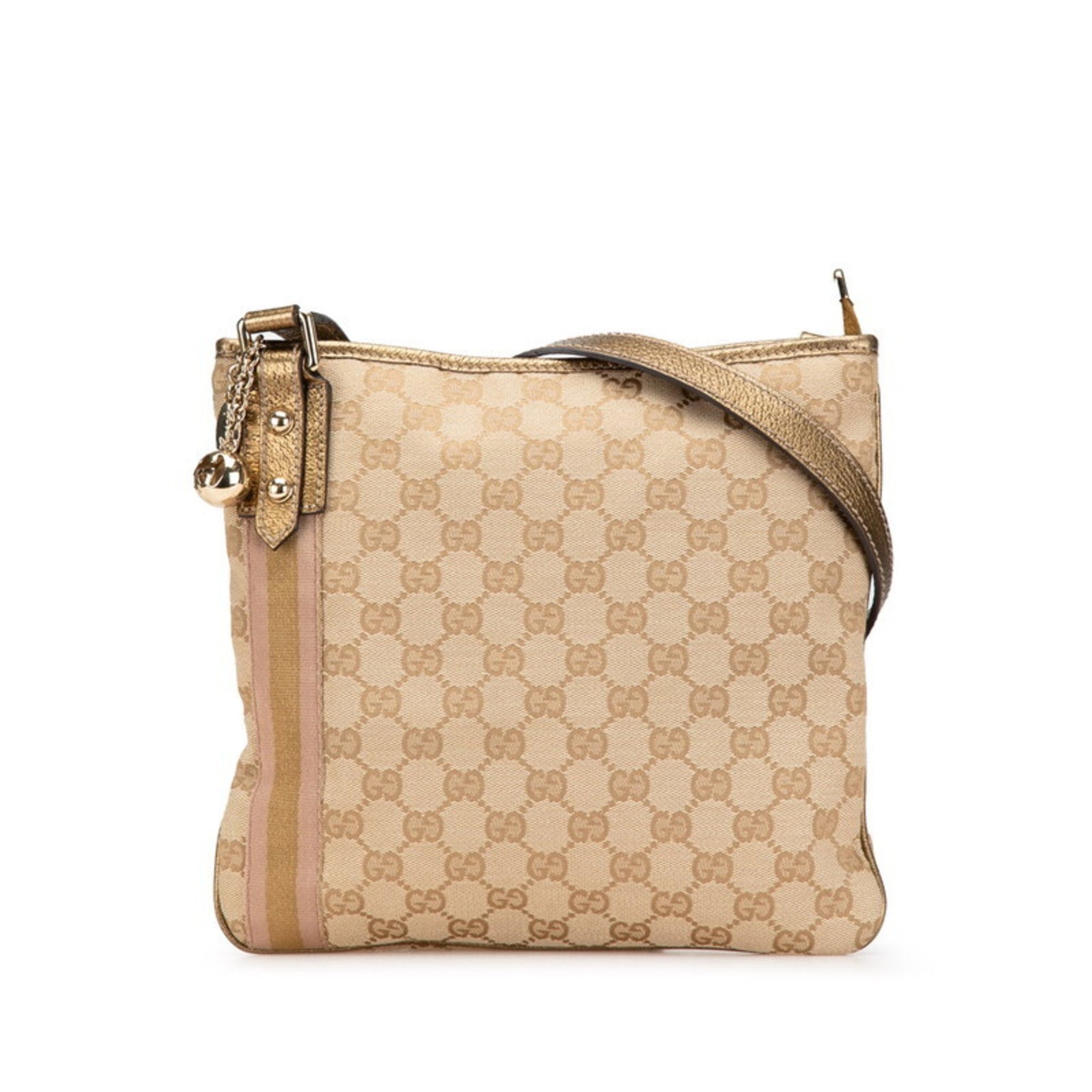 Gucci GG Canvas Crossbody Shoulder Bag Beige Gold Leather