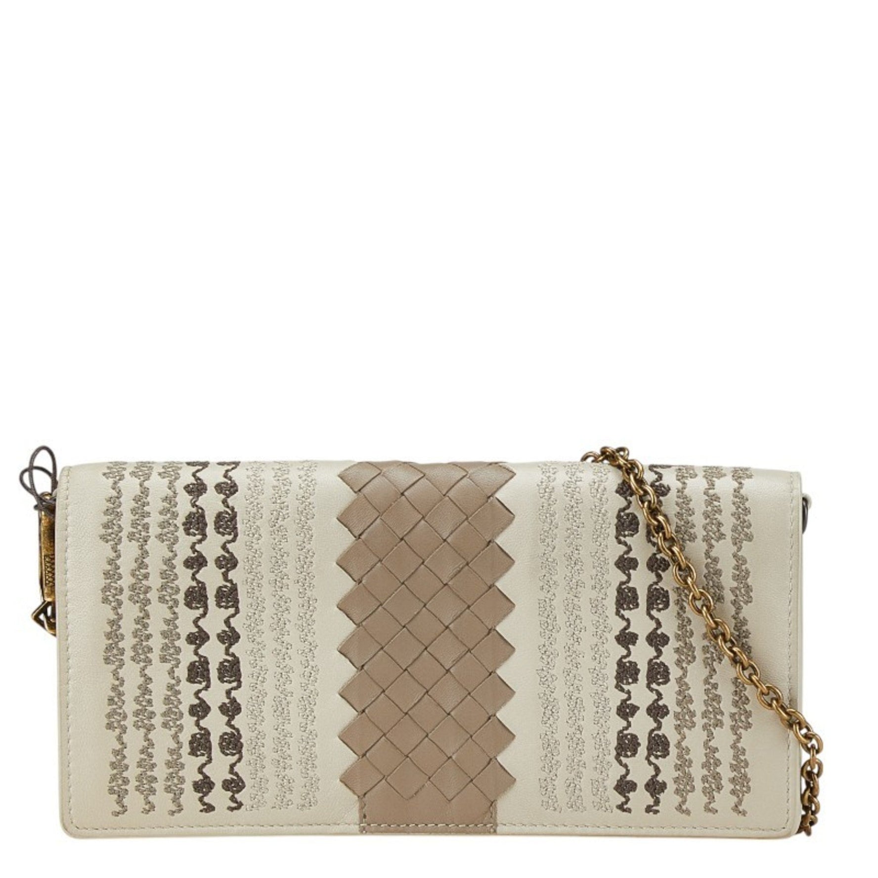 Bottega Veneta Intrecciato Chain Wallet Long Beige Brown Leather BOTTEGAVENETA