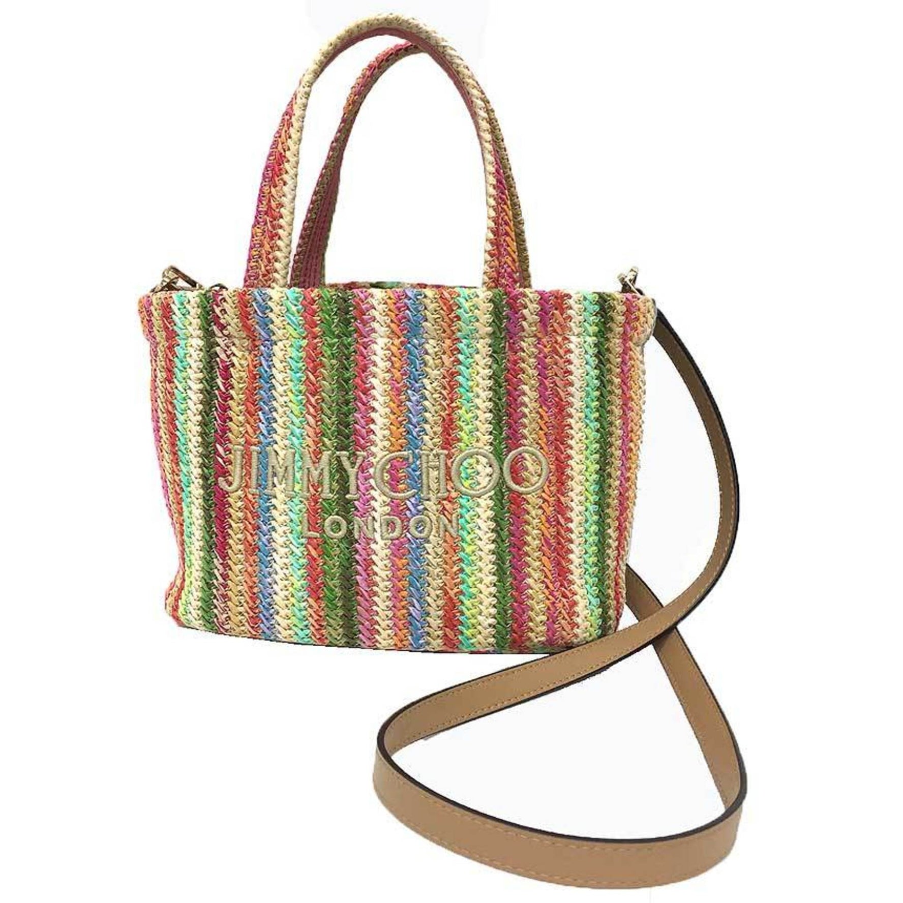 JIMMY CHOO East West Mini Beach Tote in Multi-Ecru Stripe - Raffia Shoulder Bag