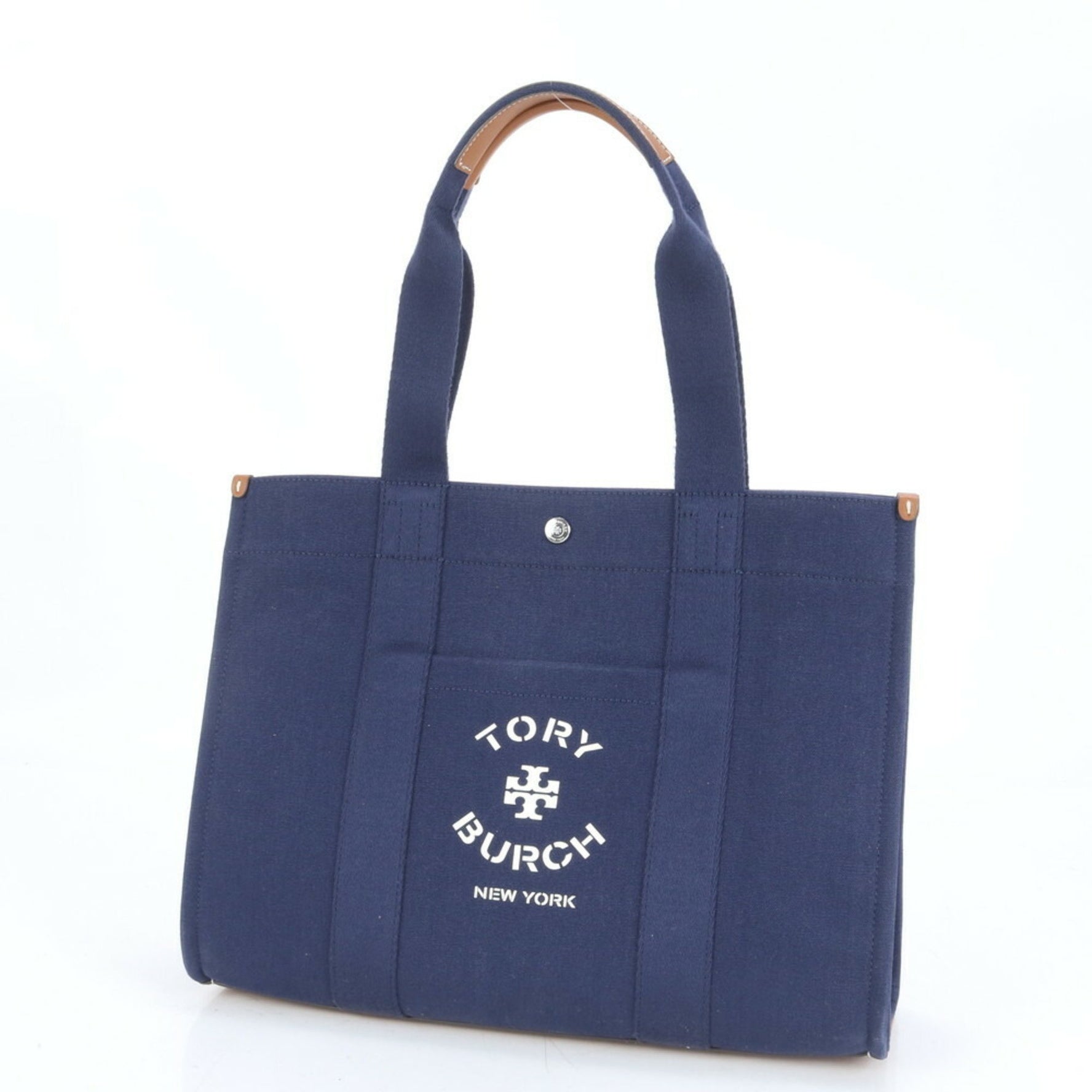 Tory Burch Small Tote Bag Leather Canvas Shoulder Handbag Navy Women's