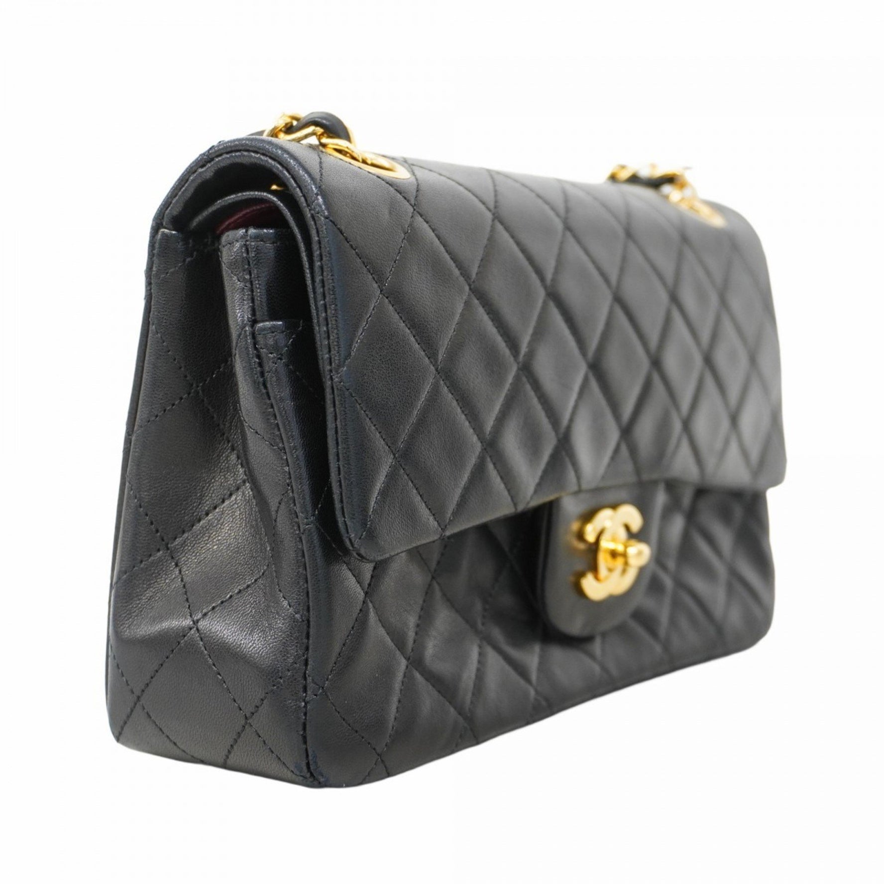 Chanel Matelasse Shoulder Bag with Double Flap and Chain, Lambskin, Black, Women's