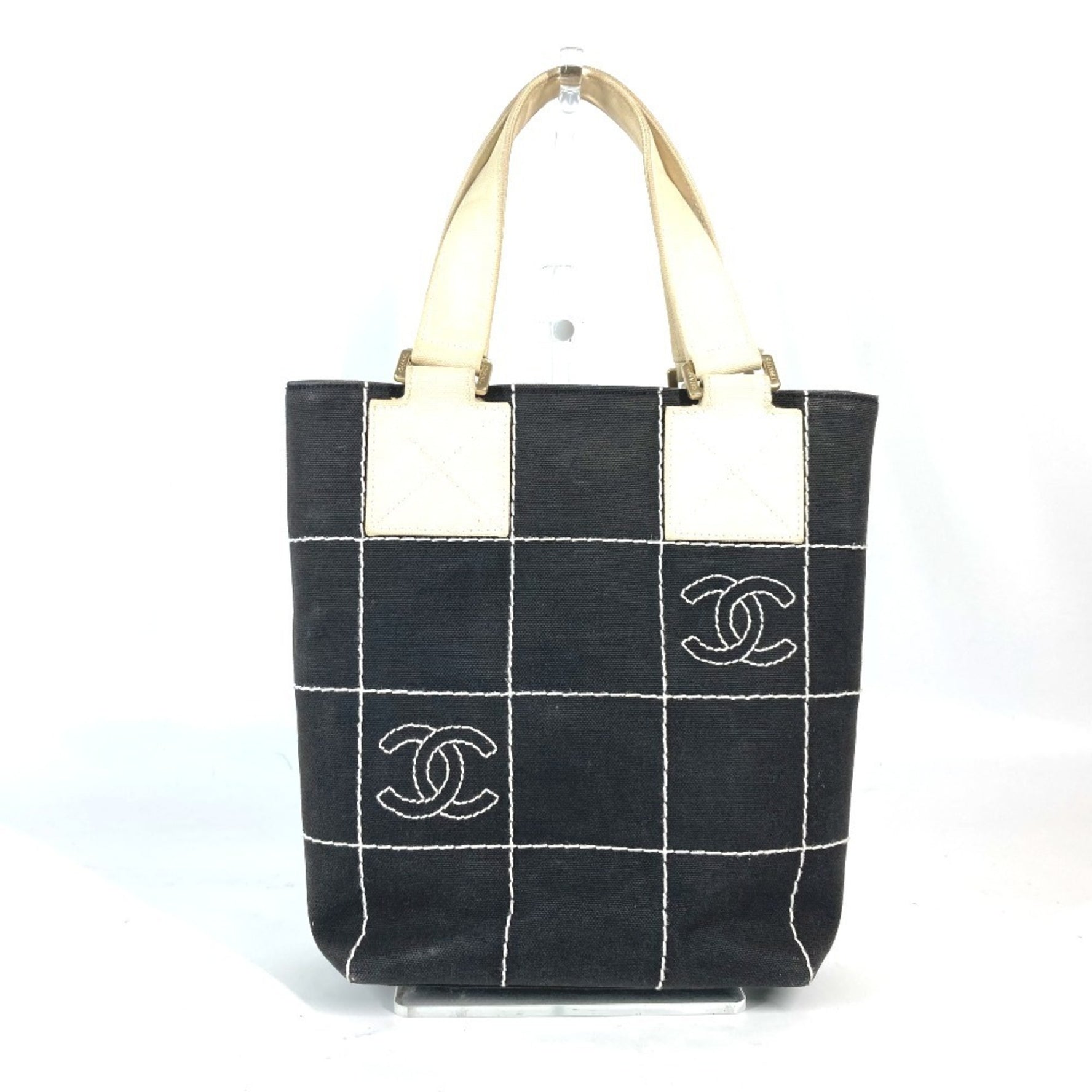 CHANEL CC Coco Mark Bag Bicolor Tote Handbag Canvas Black