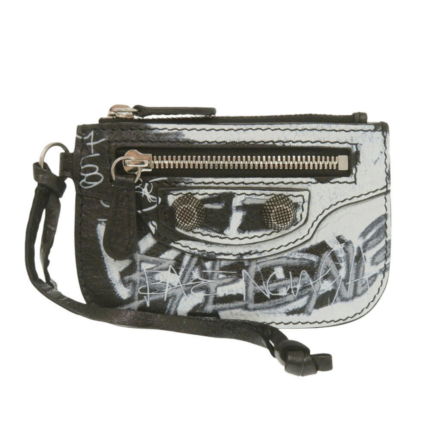 Like new Balenciaga Le Cagoule Graffiti leather coin purse in black and blue (1206)