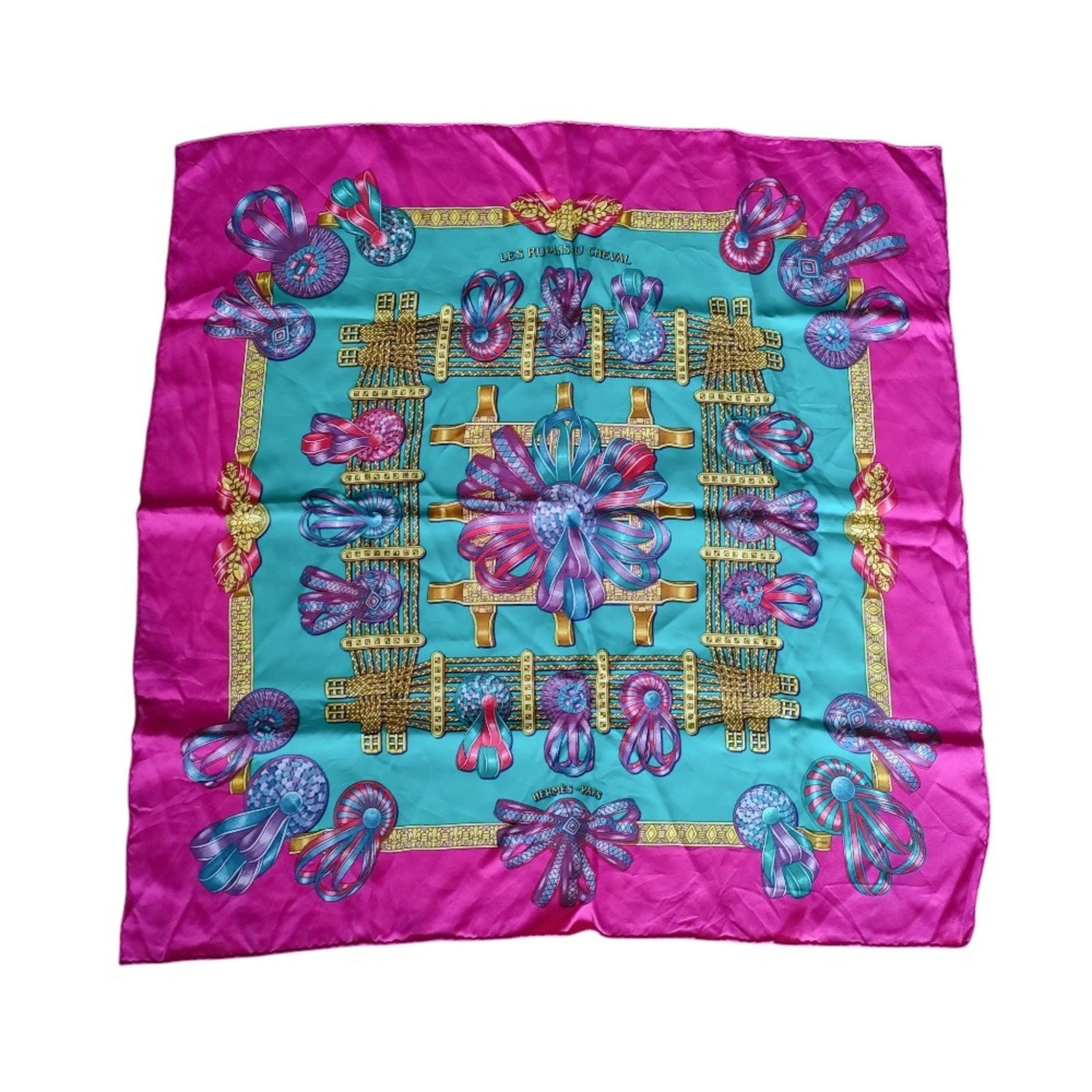 HERMES Carré 70 "Les Rubans du Cheval" Horse Ribbon 100% Silk Bandana Scarf/Muffler in Purple and Multicolor for Women