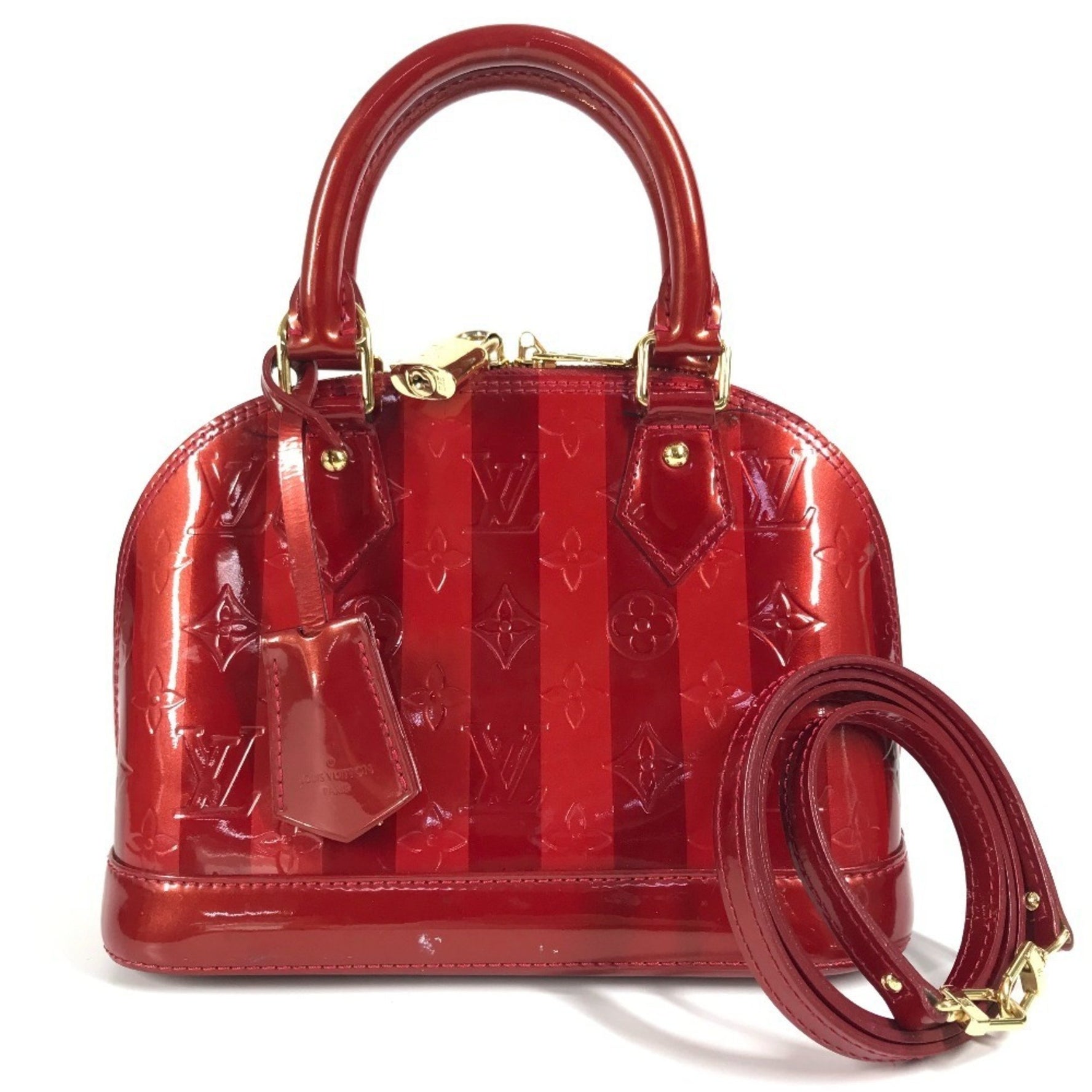 LOUIS VUITTON Vernis Rayeur Stripe Alma BB Shoulder Bag/Handbag in Patent Leather, Pomme d'Amour, Red