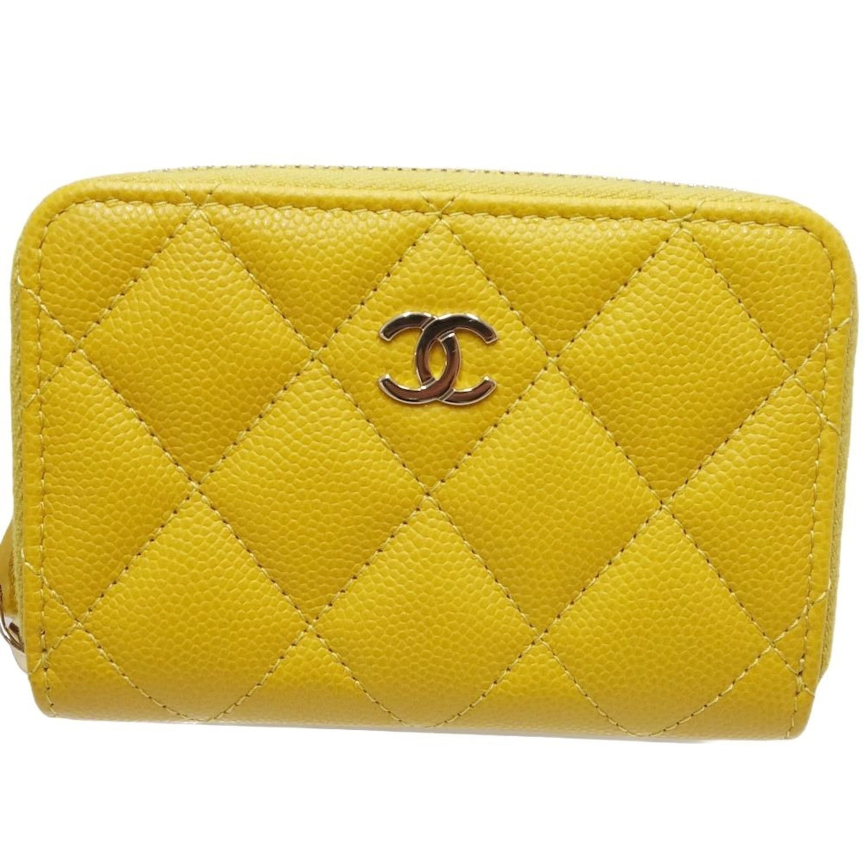 CHANEL Classic Zip Coin Purse Matelasse AP0216 Case Caviar Skin Yellow