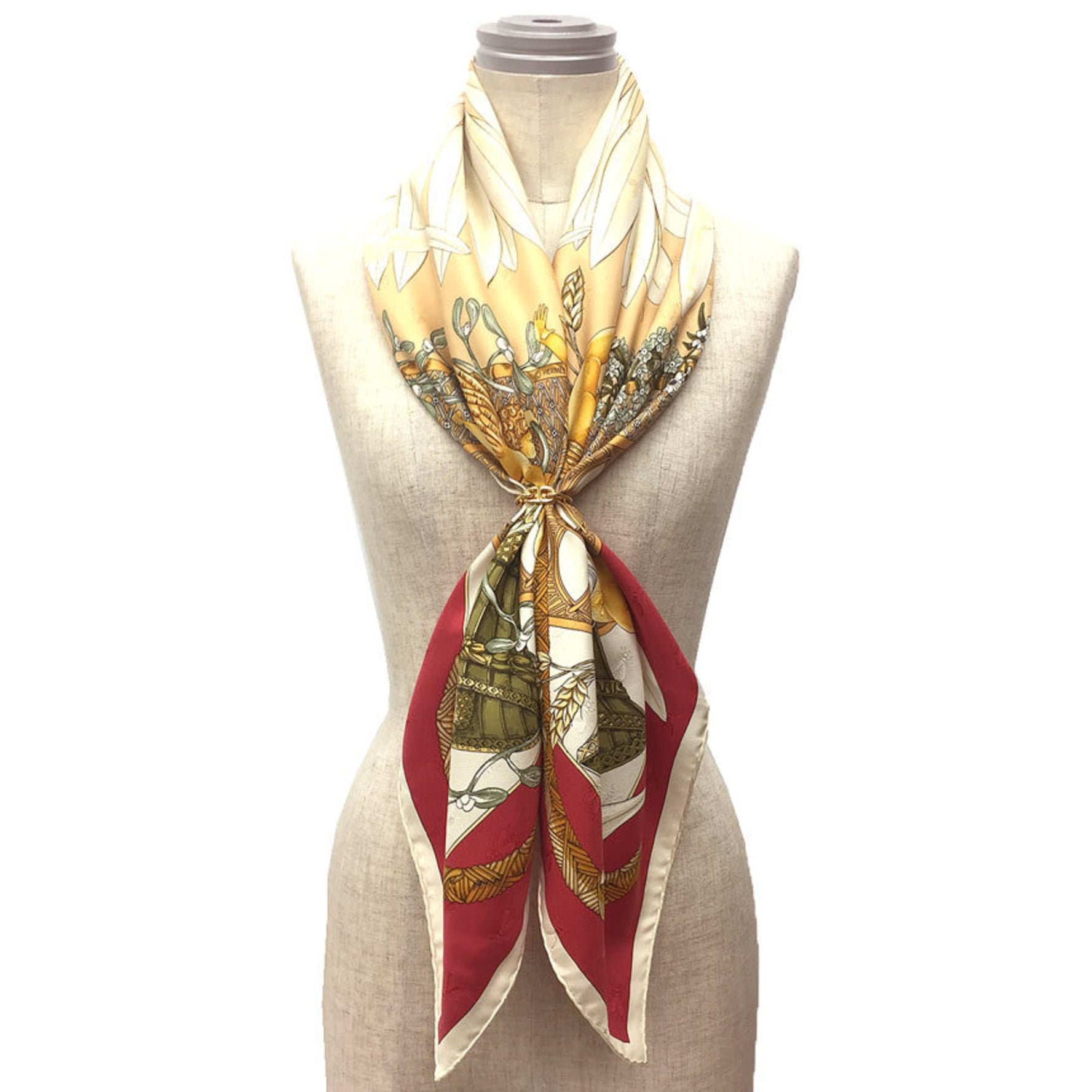 HERMES Carré 90 Scarf/Muffler AMOURS (Love/Amore) Red and Cream Flower Daisy 100% Silk