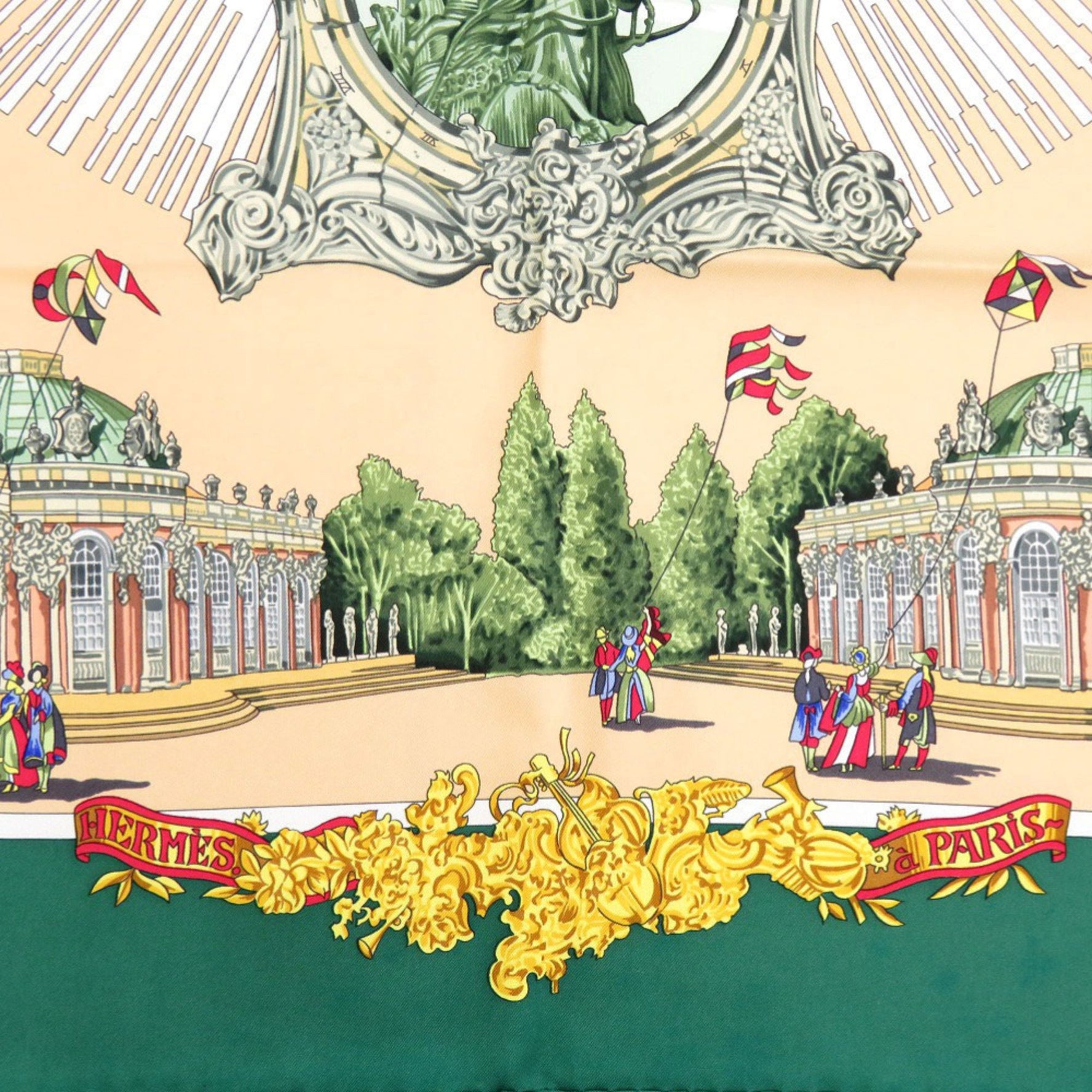Hermes Hermès Carré 90 Sanssouci Palace Silk Scarf Muffler in Green, Gold, and Red (0137)