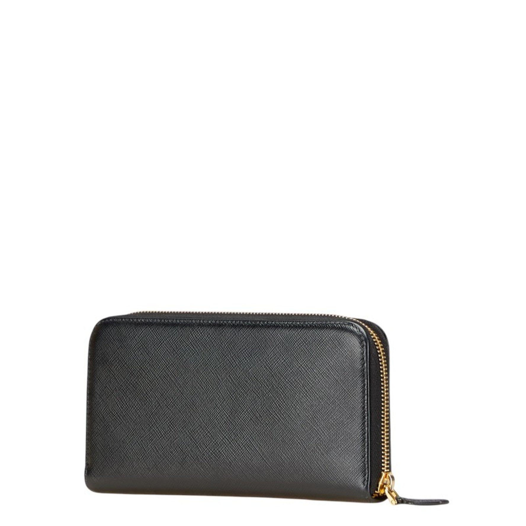 Prada Triangle Logo Plate Round Zip Long Wallet Gold Hardware Saffiano Leather