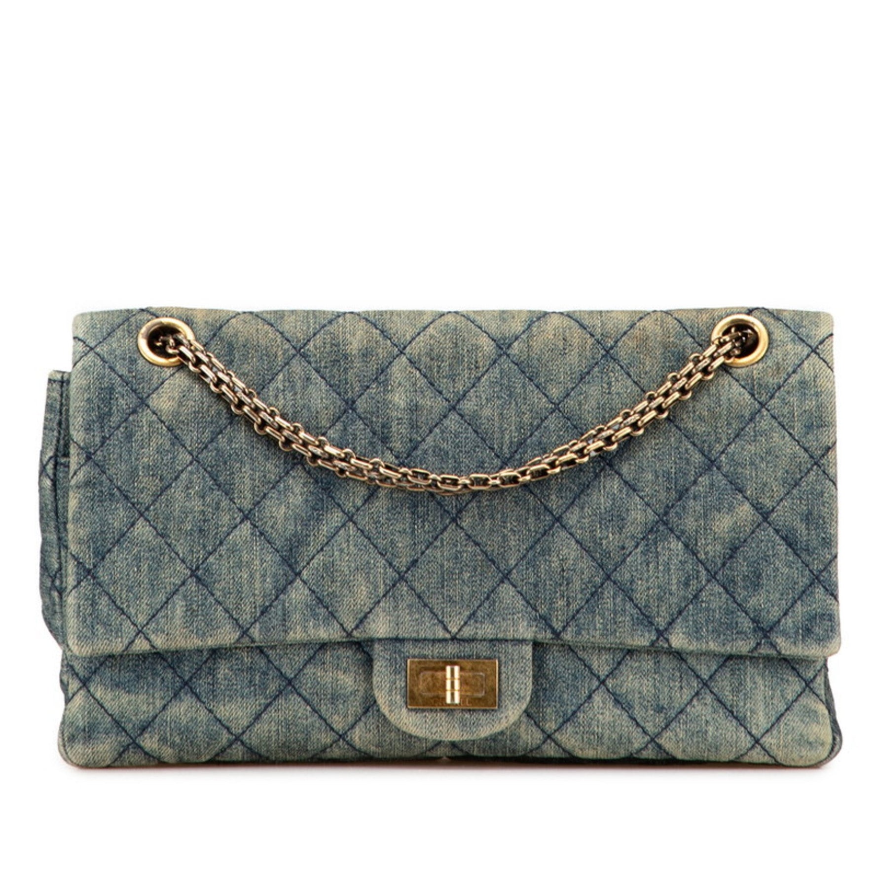 CHANEL 2.55 Matelasse 28 Double Flap Chain Shoulder Bag in Light Blue Denim
