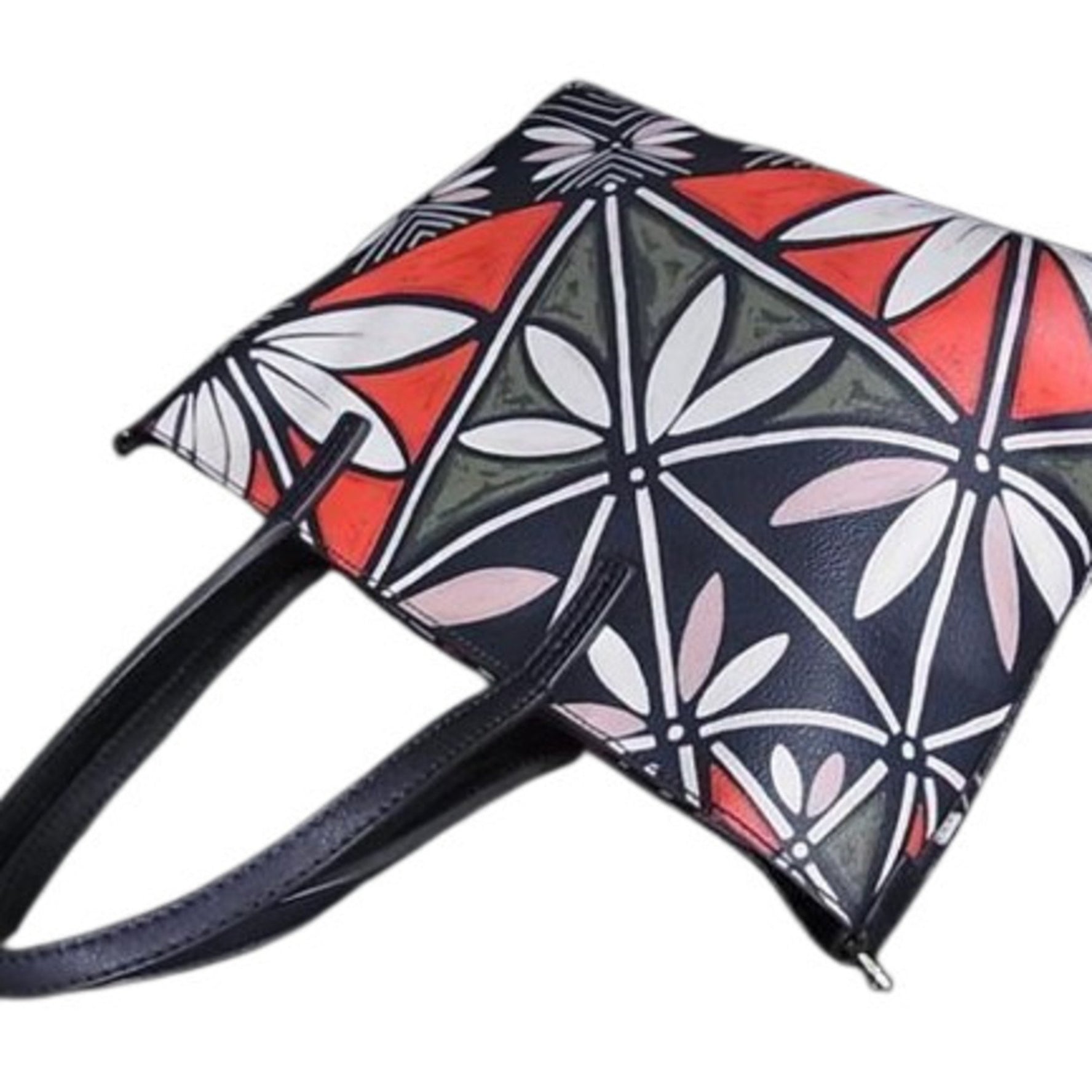 Tory Burch Tote Bag Navy Multicolor Leather Shoulder with Botanical Motif Print