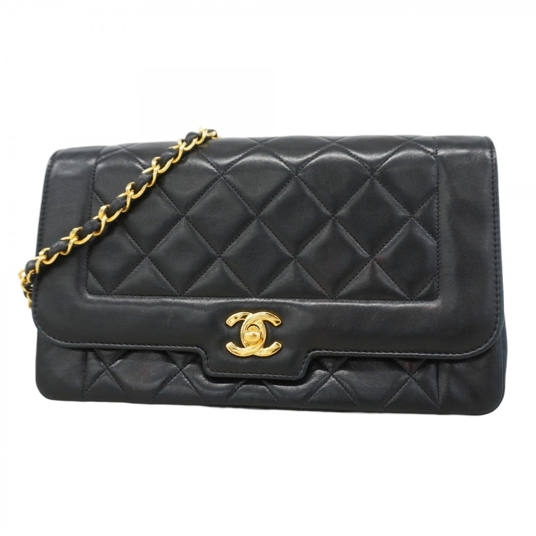 Chanel Matelasse Shoulder Bag with Chain Bag, Lambskin, Black, Women's