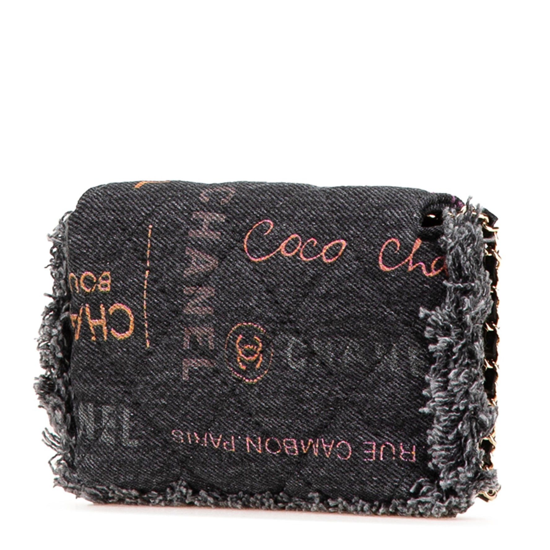 Chanel Matelasse Coco Mark Fringe Crossbody Chain Shoulder Bag Pochette in Black, Multicolored Denim and Leather