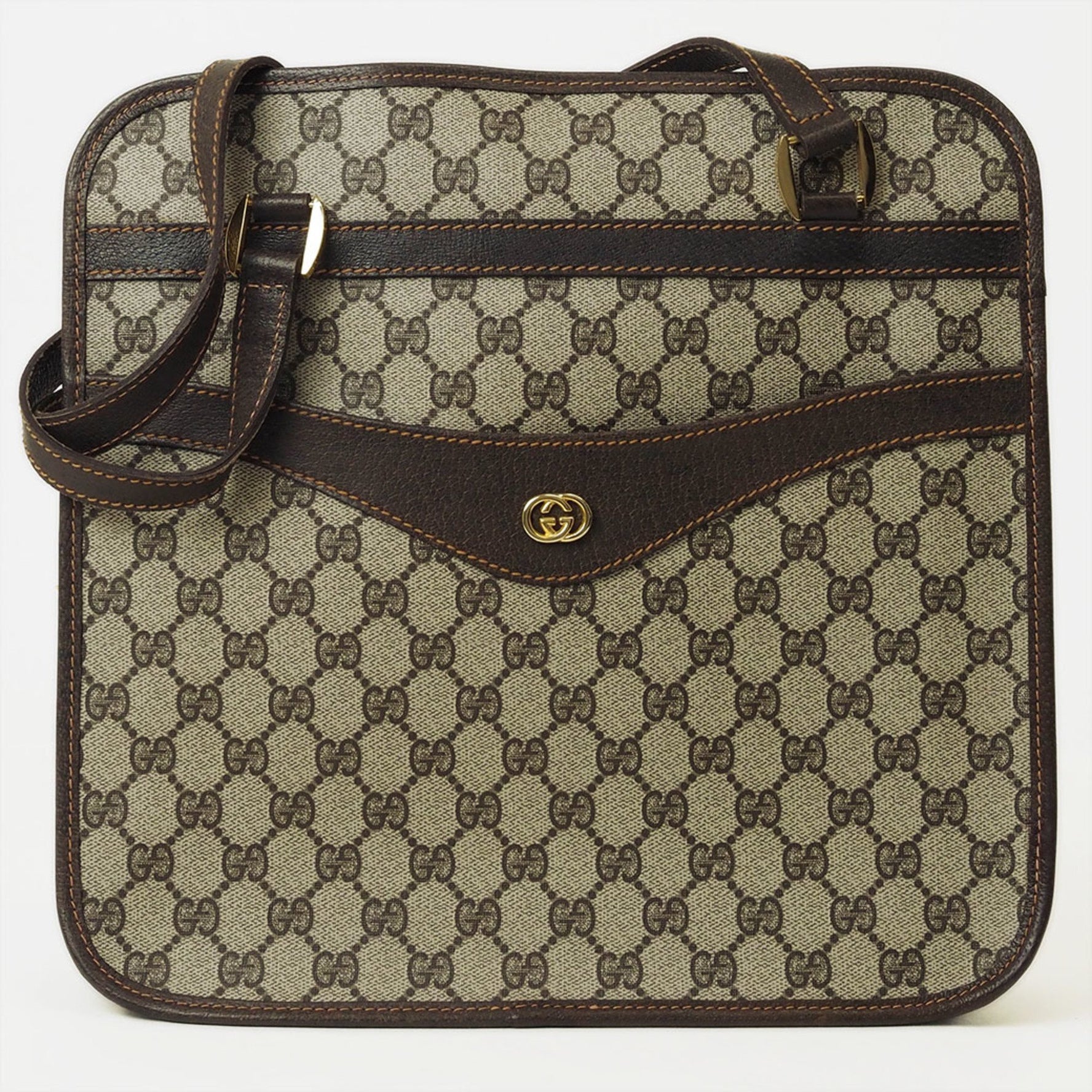 Gucci Old GG Plus Handbag Tote Bag Beige Brown Women's PVC Leather Crest Engraved GUCCI