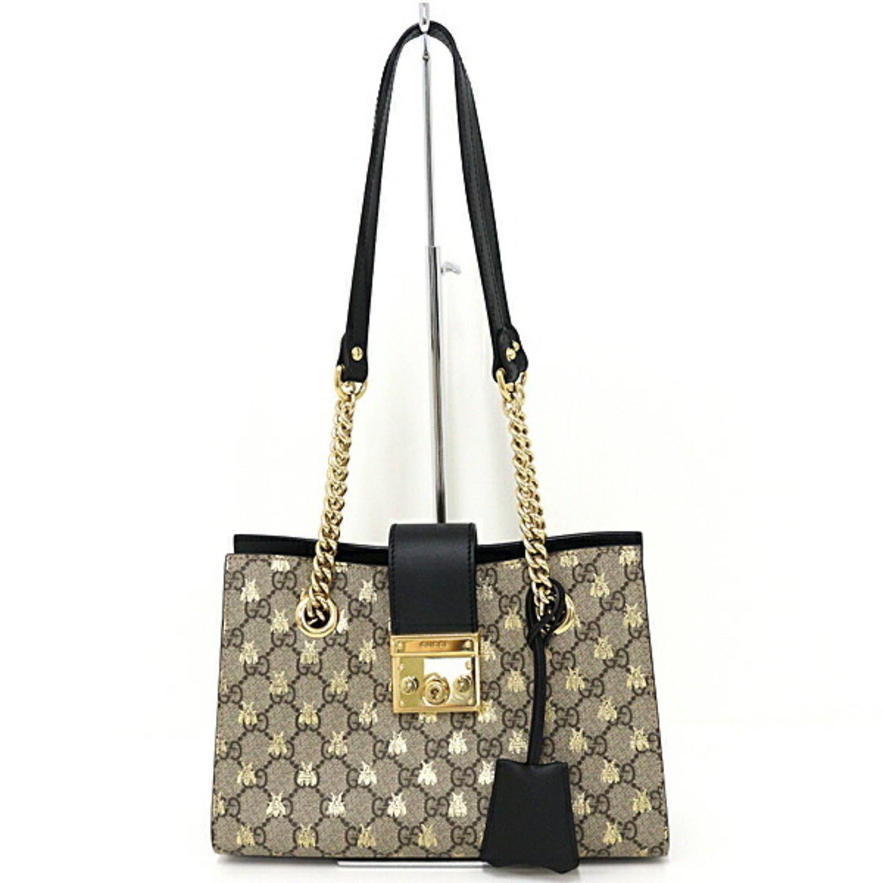 GUCCI Padlock Small Shoulder Bag Bee GG Supreme Leather Beige/Ebony Black