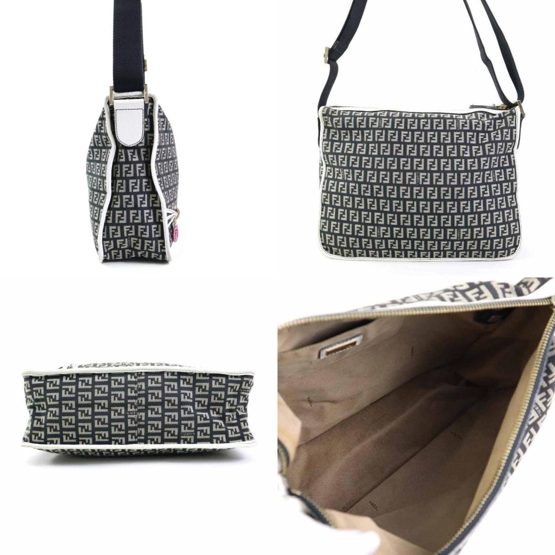FENDI Shoulder Bag Zucchino Nylon Canvas Leather Black x White