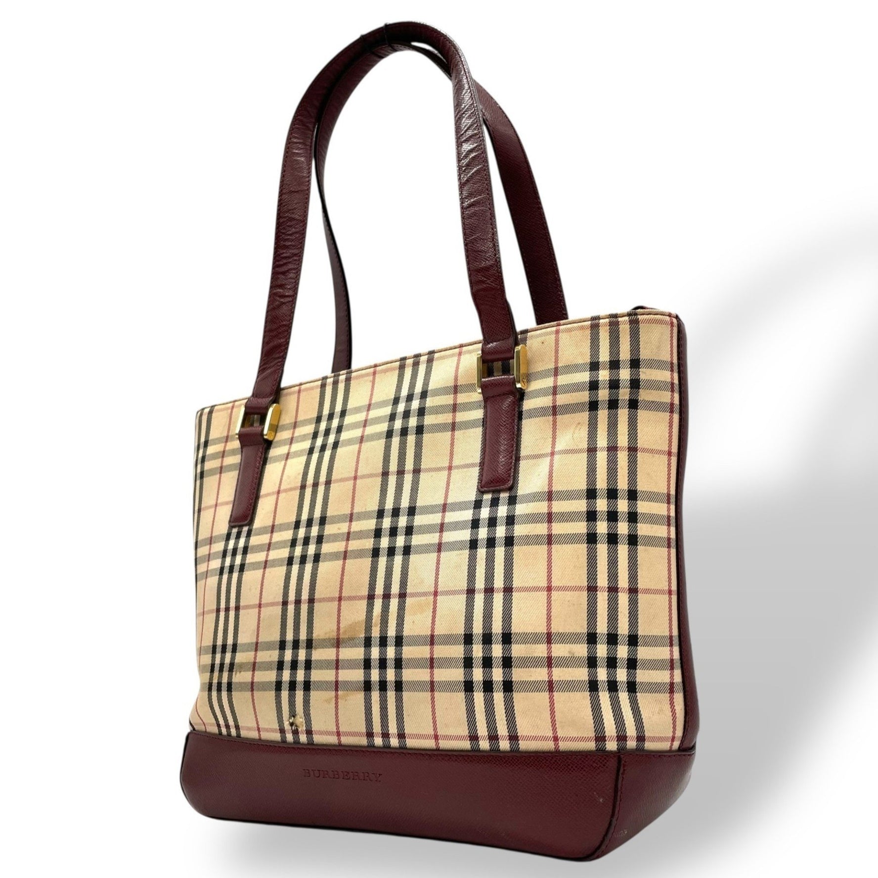 Burberry Nova Check Handbag Tote Bag, Beige/Bordeaux Canvas/Leather with Gold Hardware and Logo Embossing