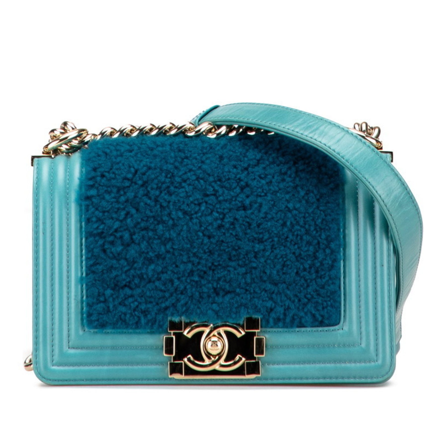 CHANEL Boy Shoulder Bag in Blue and Green Mouton Leather