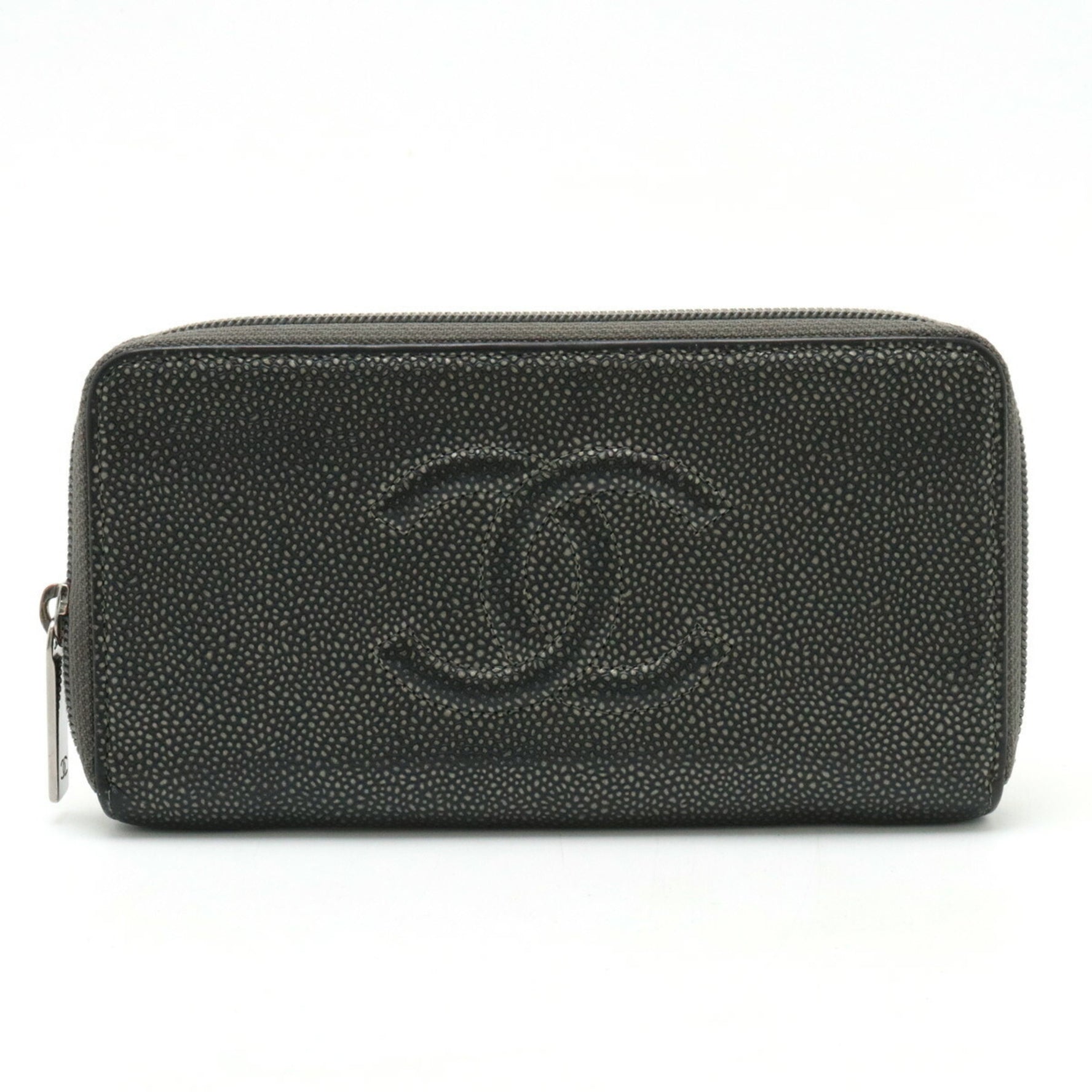 CHANEL Coco Mark Round Long Wallet Caviar Skin Leather Metallic Gray