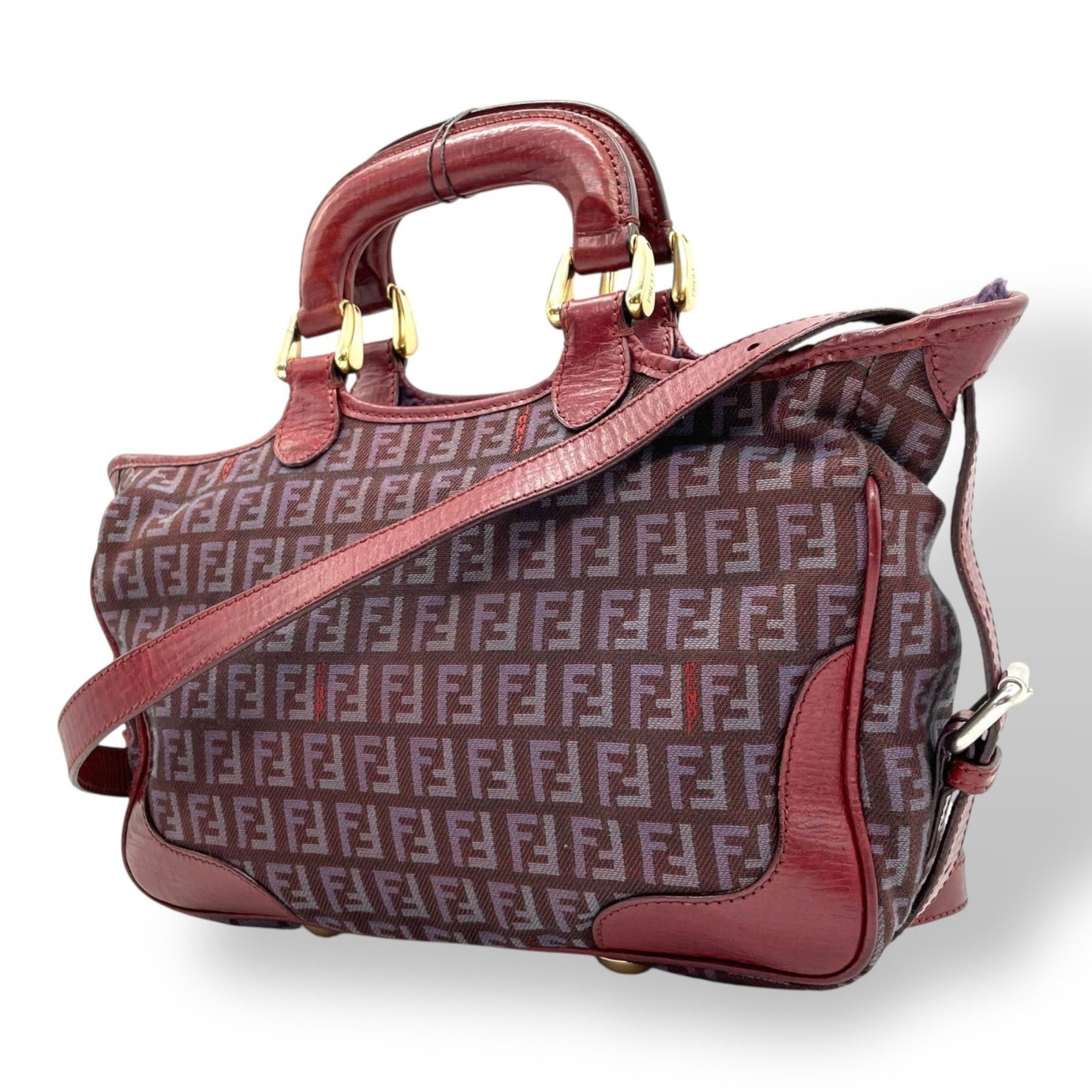 FENDI Zucchino 2-Way Handbag/Shoulder Bag in Red/Wine Red/Purple Canvas and Leather with Gold Hardware Zucca Pattern for Women
