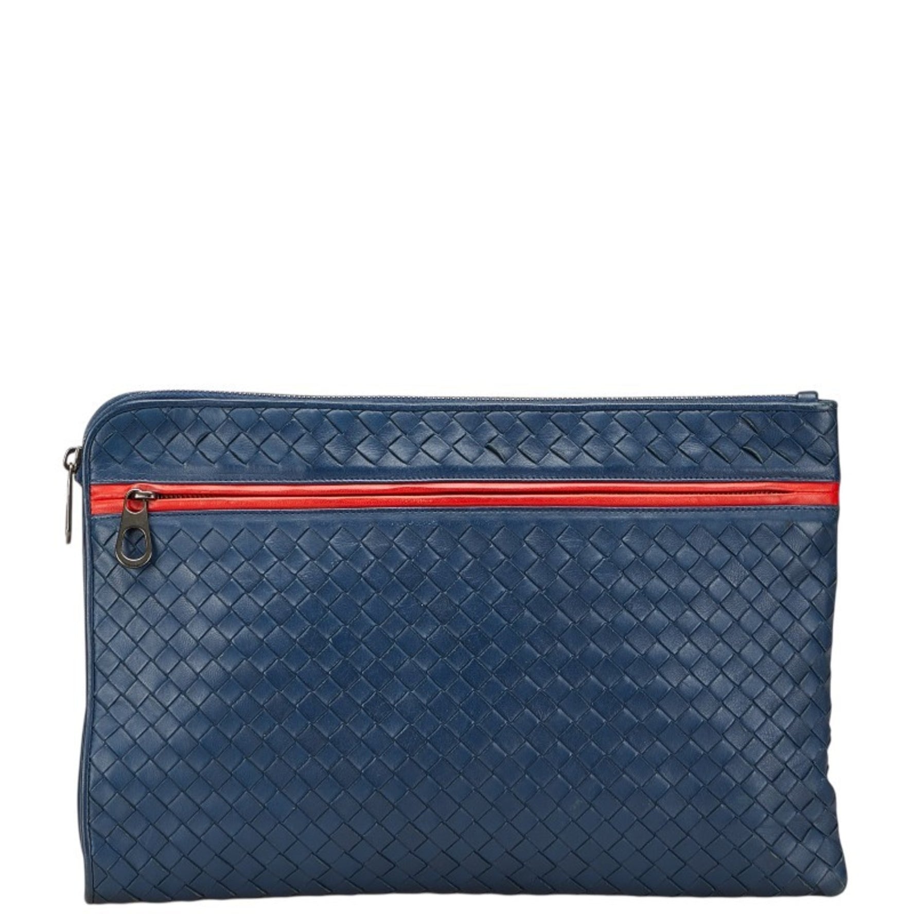 Bottega Veneta Intrecciato Clutch Bag in Navy and Red Leather