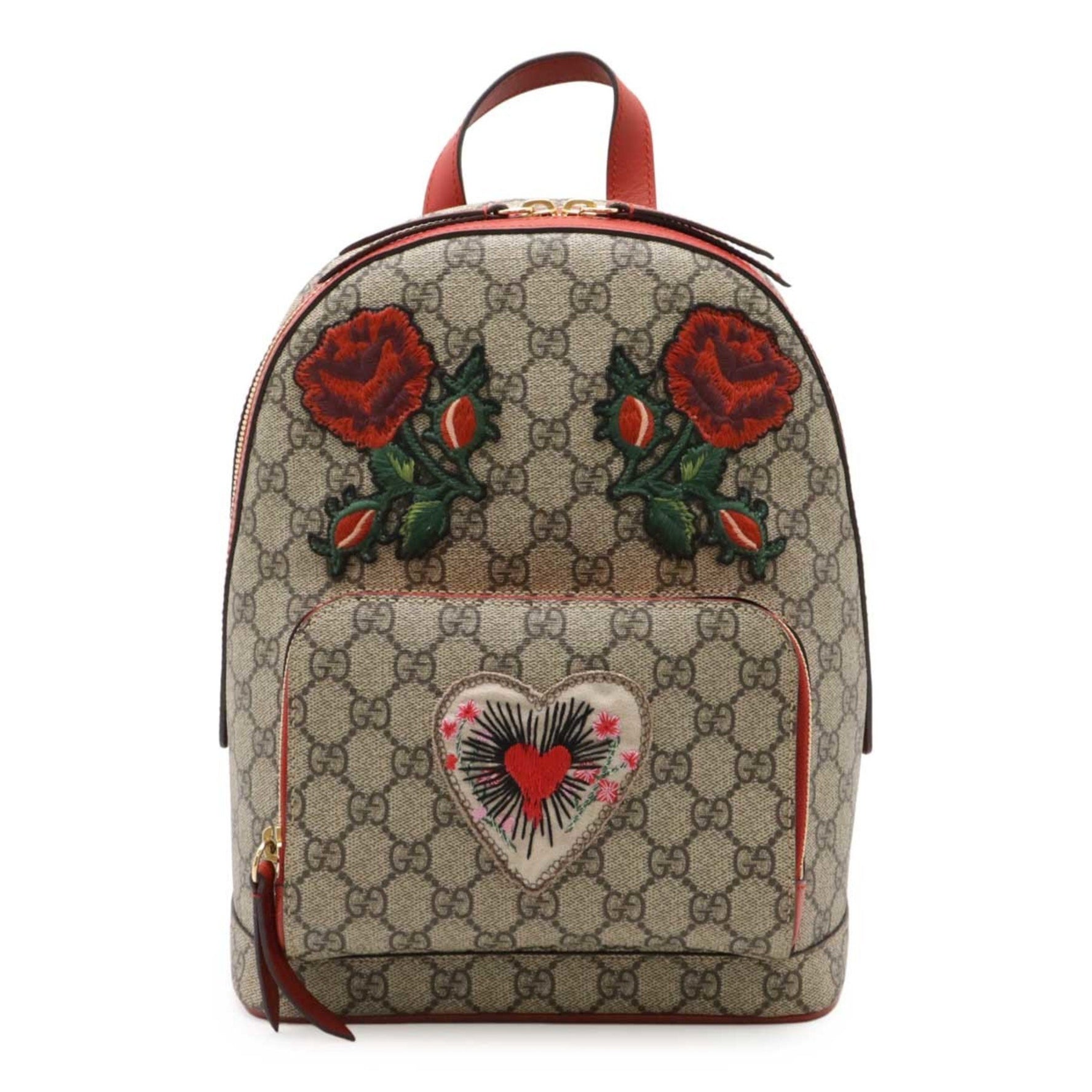 GUCCI GG Supreme Backpack Rucksack Embroidered Flowers Roses Hearts PVC Leather Khaki Beige Red China Exclusive