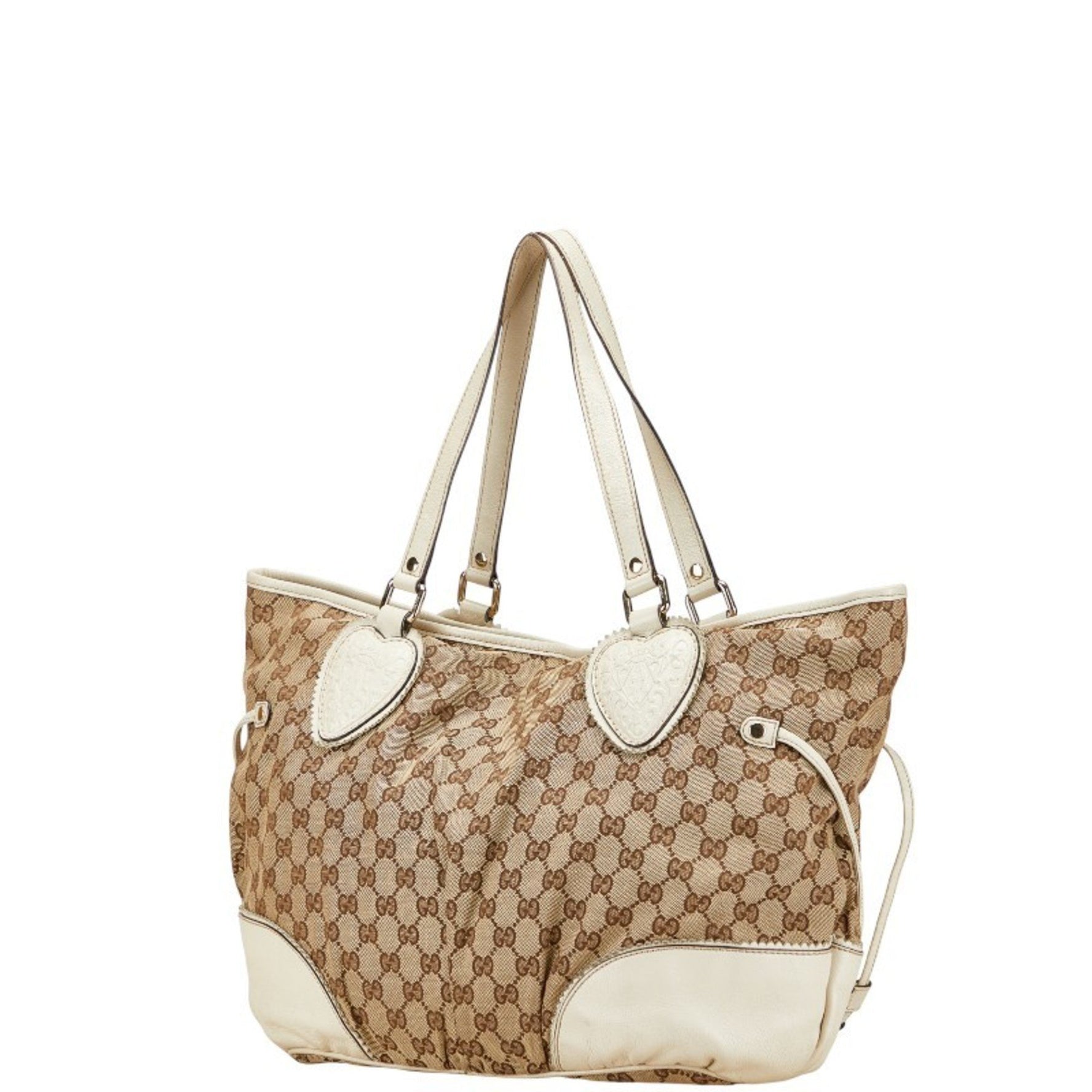 Gucci GG Canvas Tote Bag Shoulder Beige White Leather