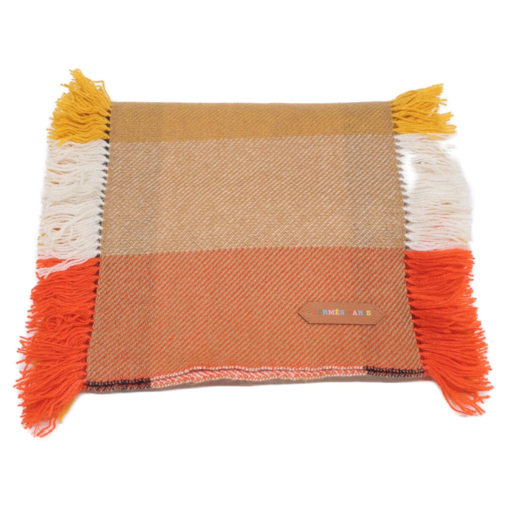 HERMES Cashmere Fringe Scarf in Jaune Soleil Beige and Ecru