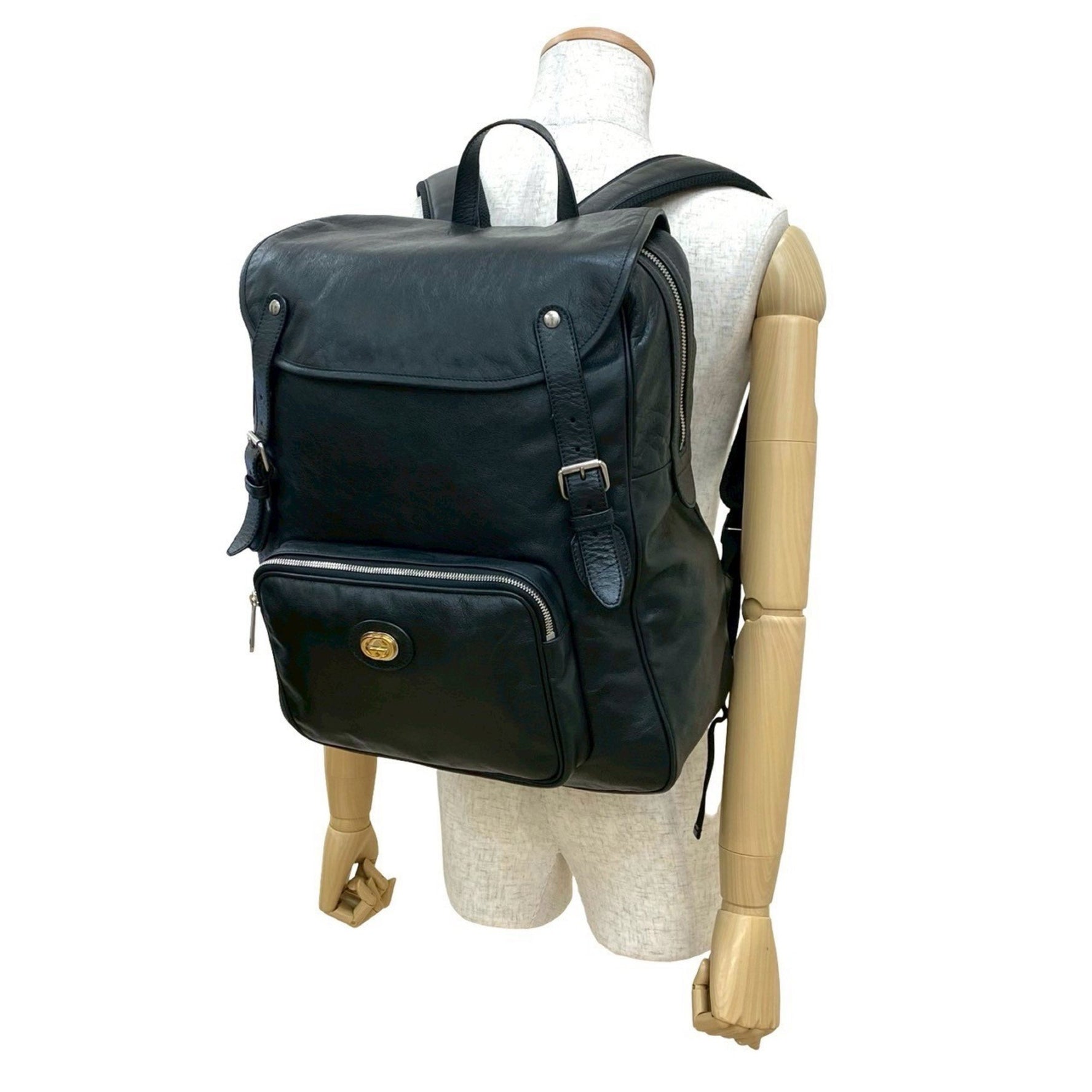 GUCCI Interlocking G Logo Hardware Leather Backpack Daypack