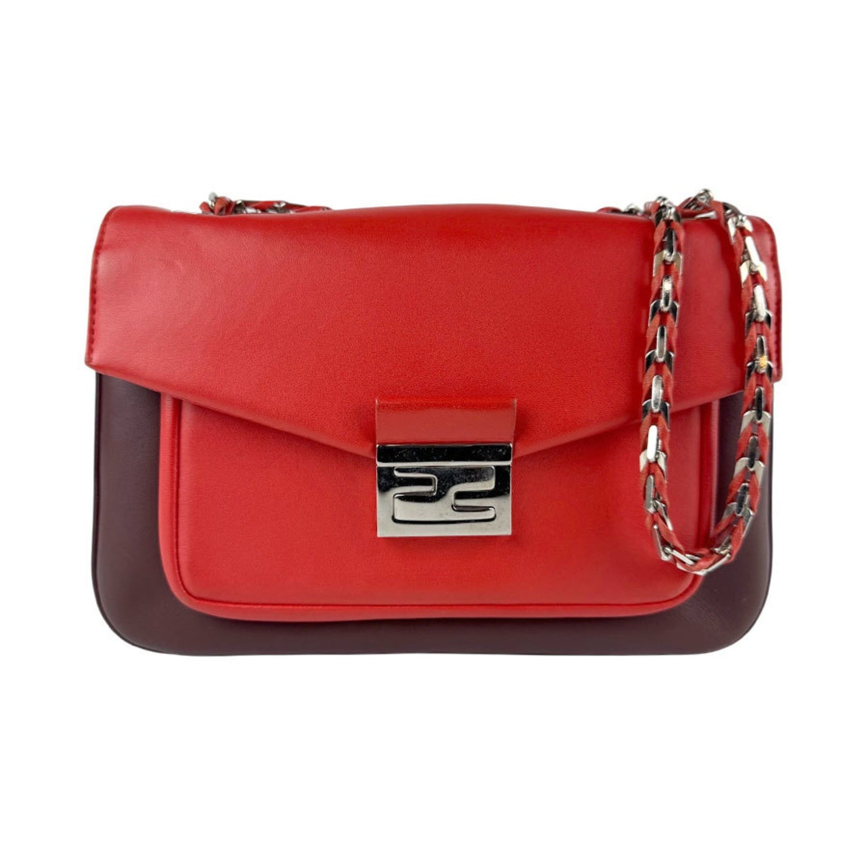FENDI Shoulder Bag Leather Red Burgundy Silver